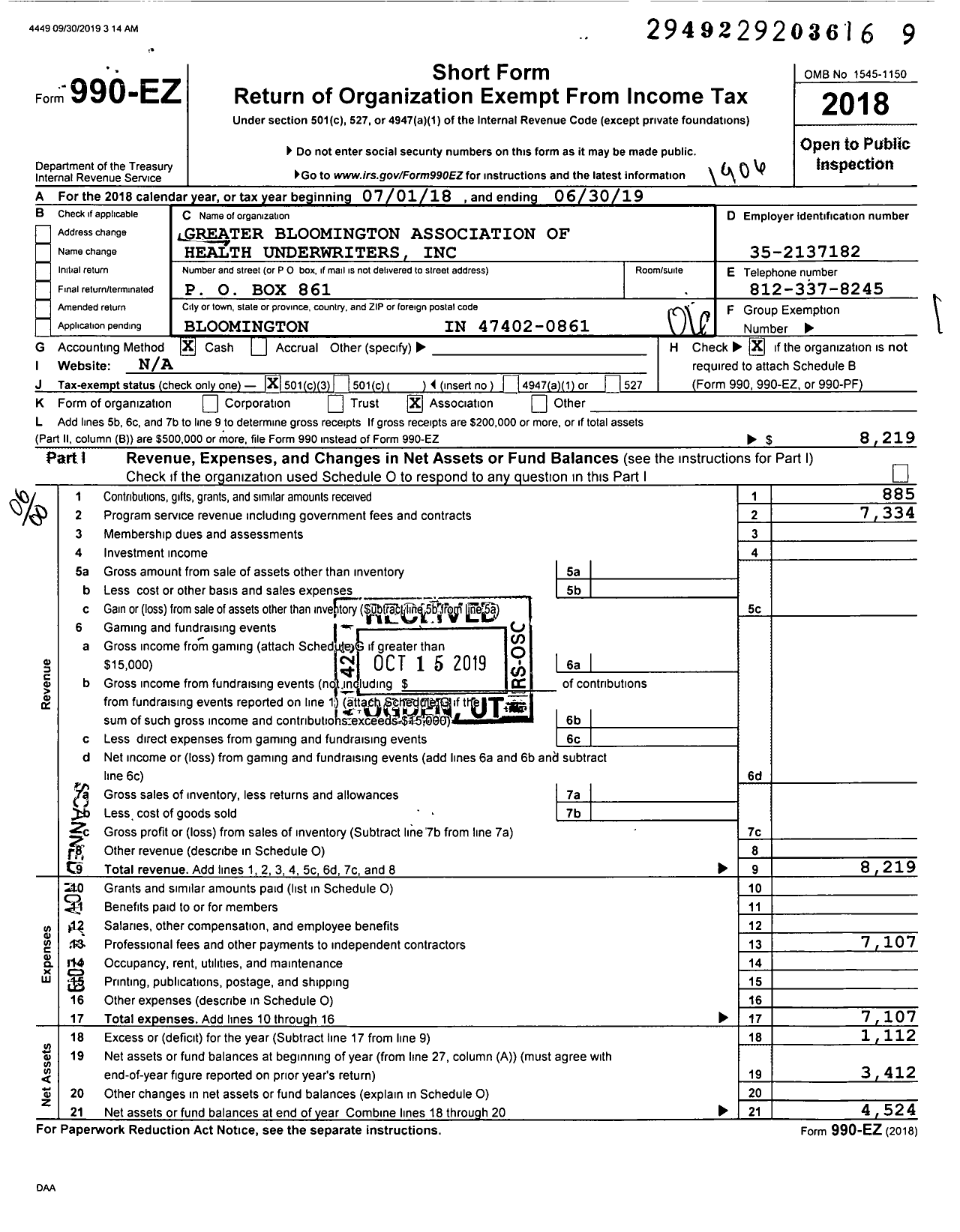 Image of first page of 2018 Form 990EO for Greater Bloomington Association of Health Underwriters