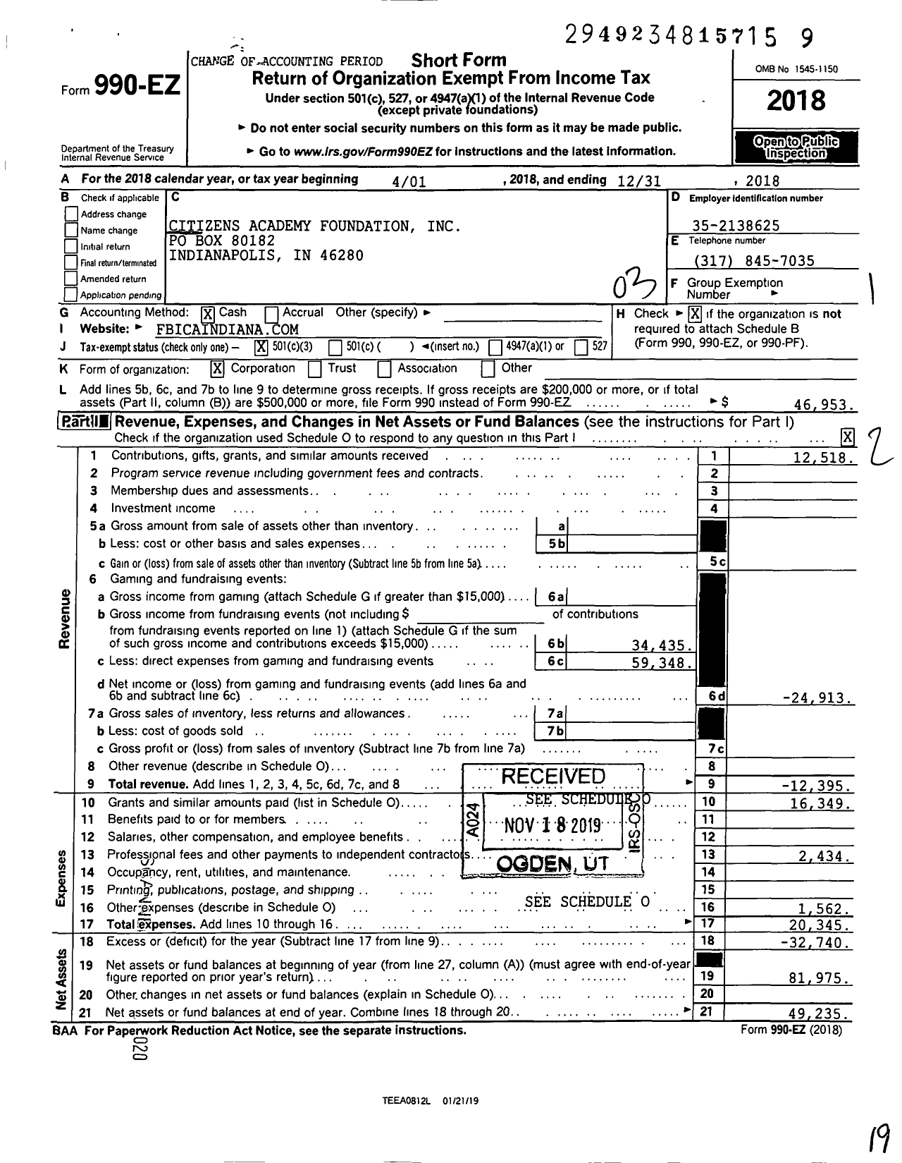 Image of first page of 2018 Form 990EZ for Fbi Indianapolis Citizens Academy Alumni Association