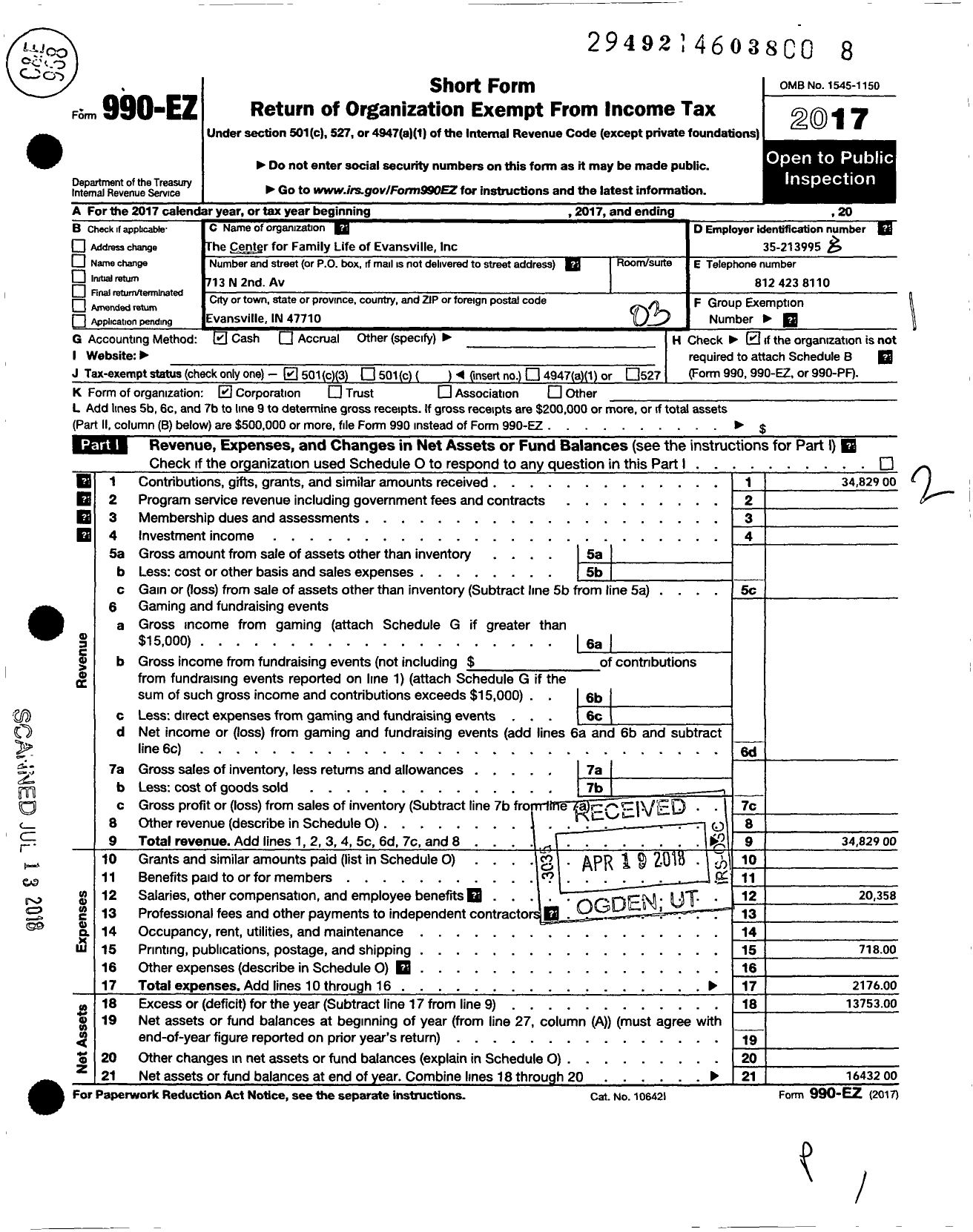 Image of first page of 2017 Form 990EZ for Center for Family Life of Evansville