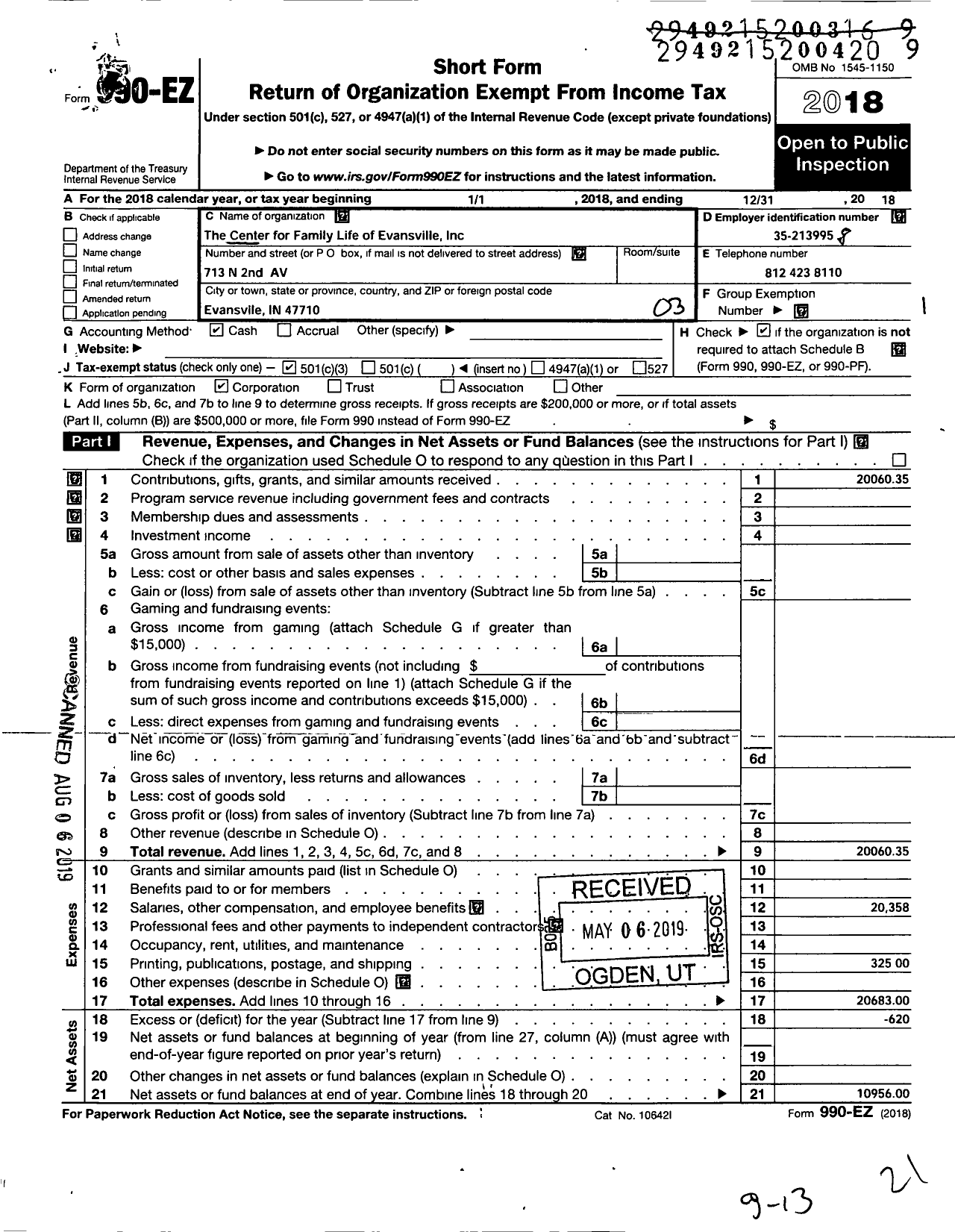 Image of first page of 2018 Form 990EZ for Center for Family Life of Evansville