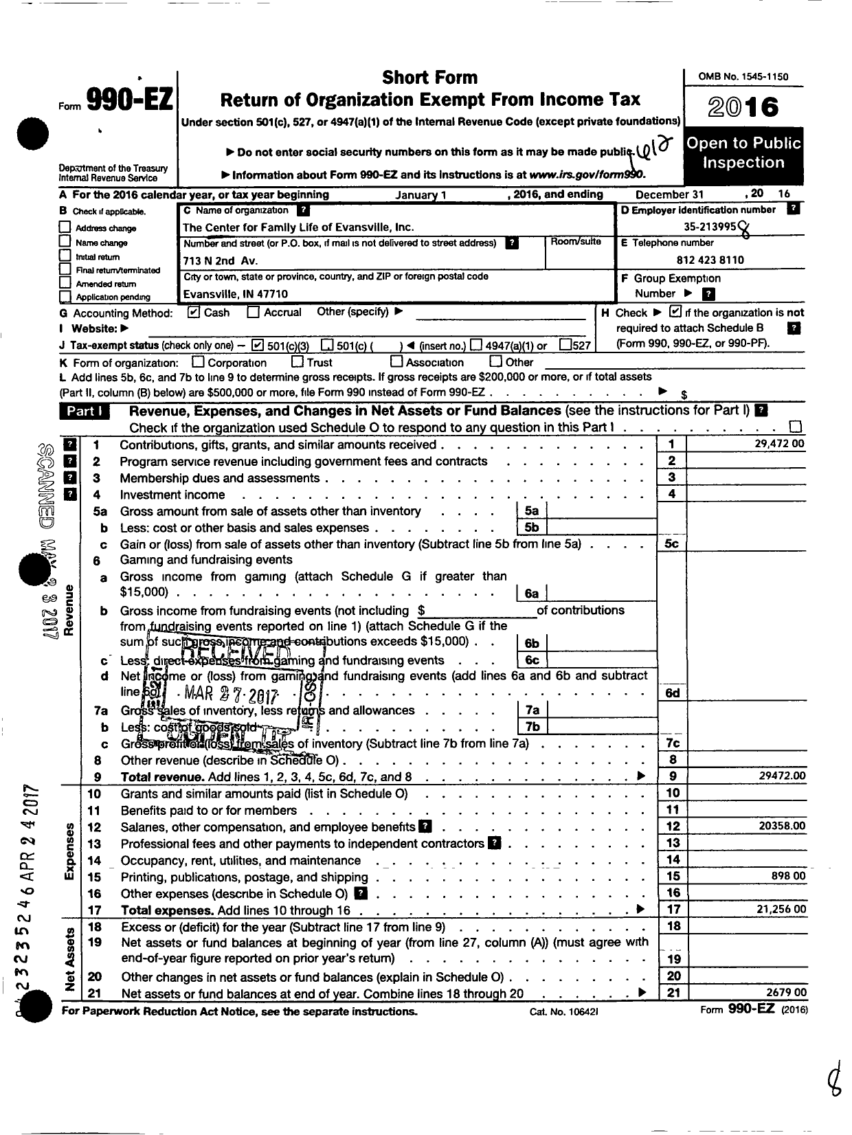 Image of first page of 2016 Form 990EZ for Center for Family Life of Evansville