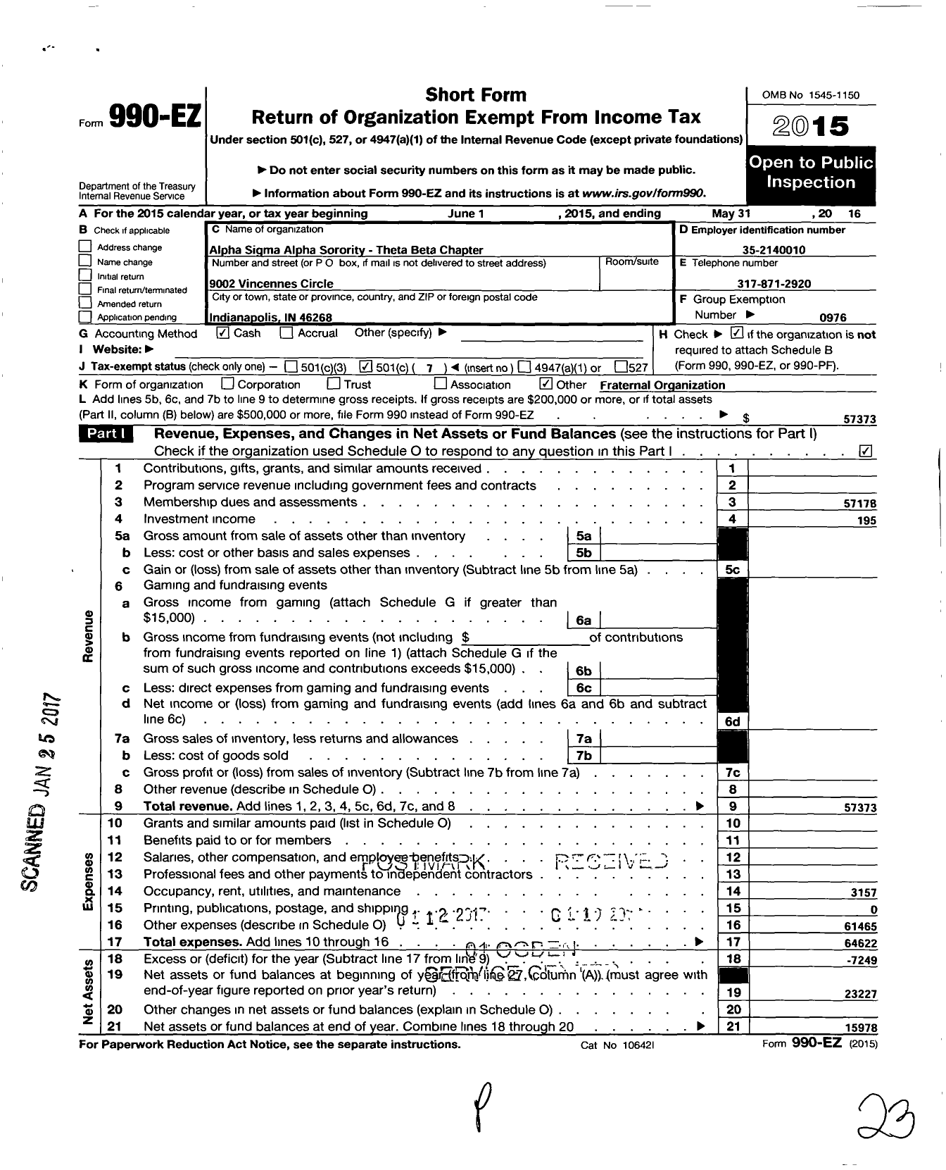 Image of first page of 2015 Form 990EO for Alpha Sigma Alpha Sorority / Theta Beta