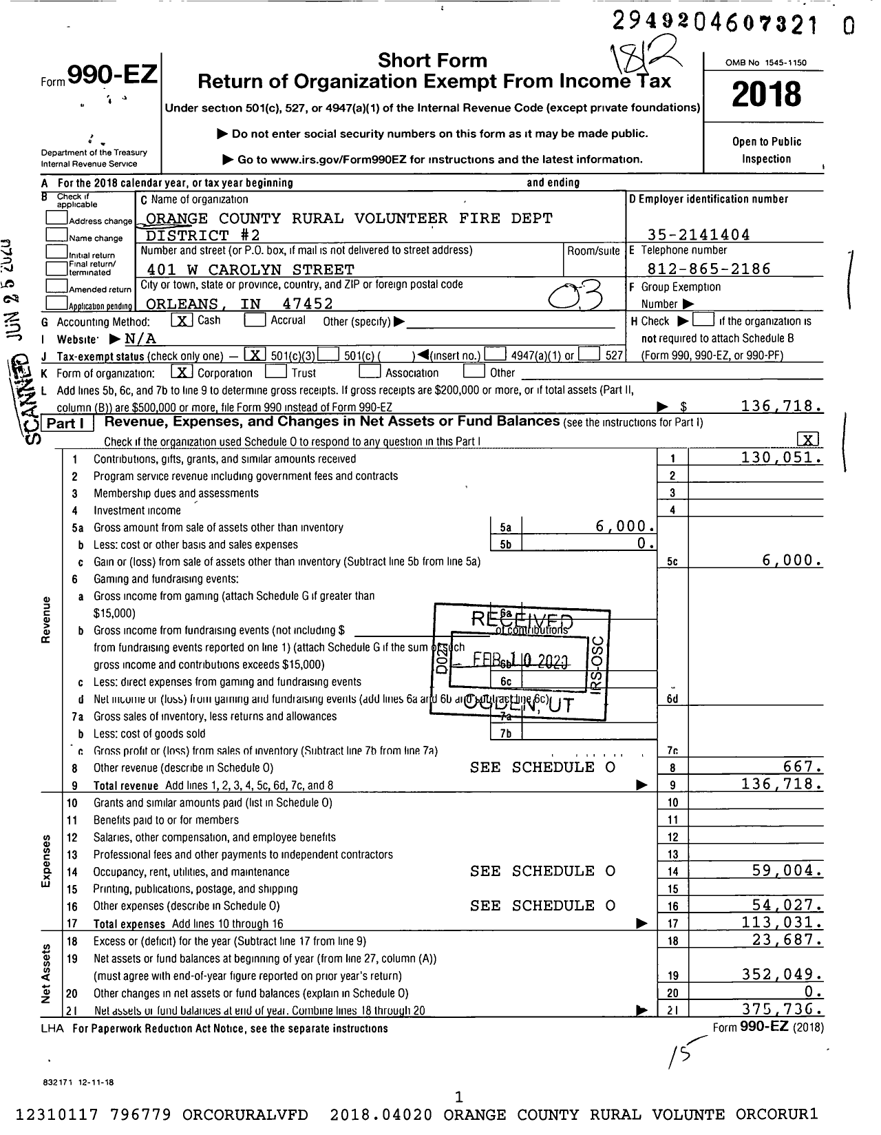 Image of first page of 2018 Form 990EZ for Orange County Rural Volunteer Fire Department District 2