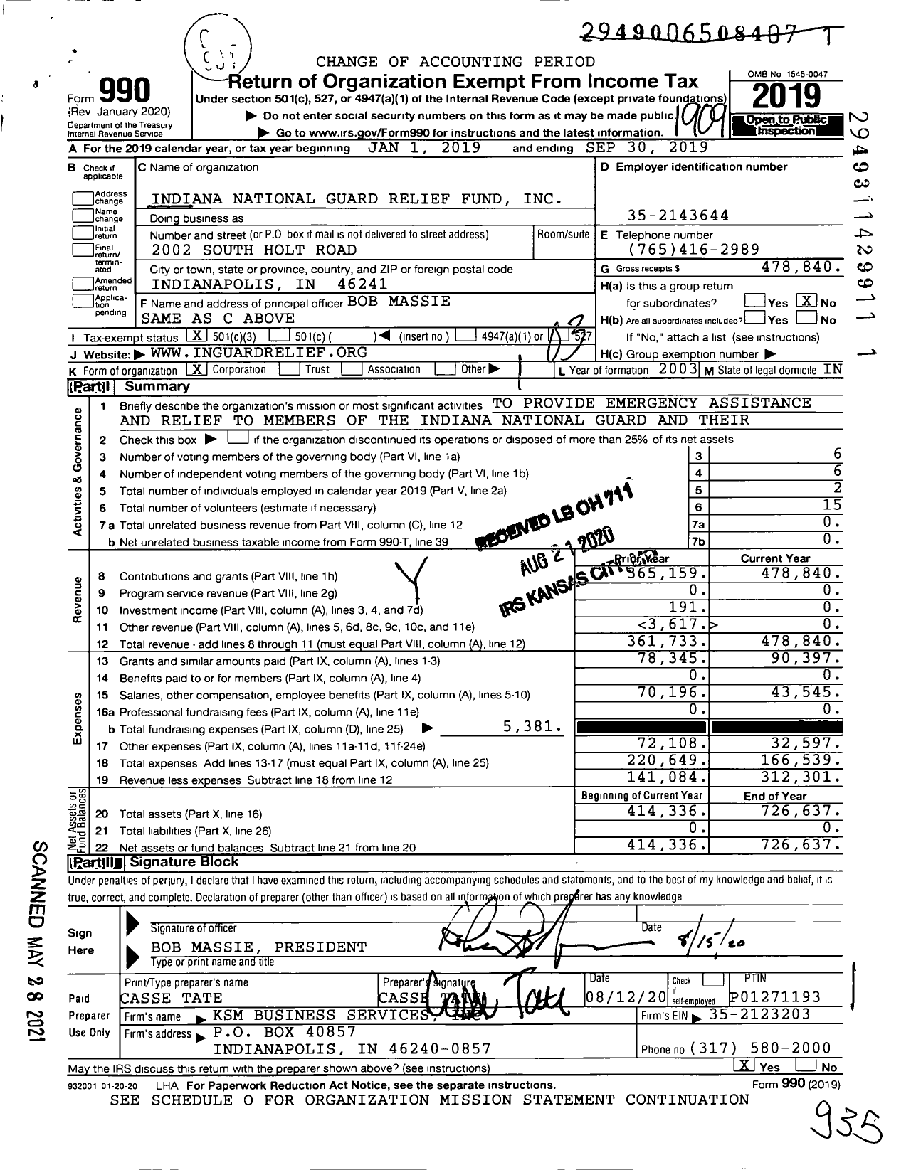 Image of first page of 2018 Form 990 for Indiana National Guard Relief Fund