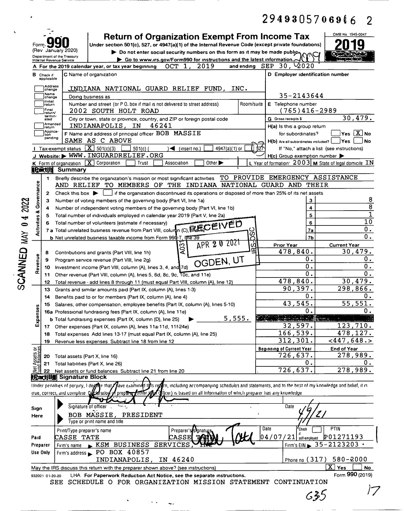Image of first page of 2019 Form 990 for Indiana National Guard Relief Fund