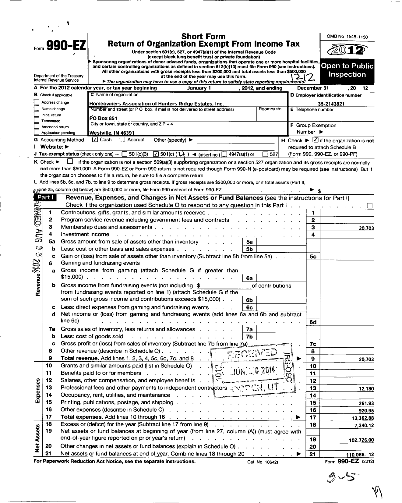 Image of first page of 2012 Form 990EO for Home Owners Association of Hunters Ridge Estates