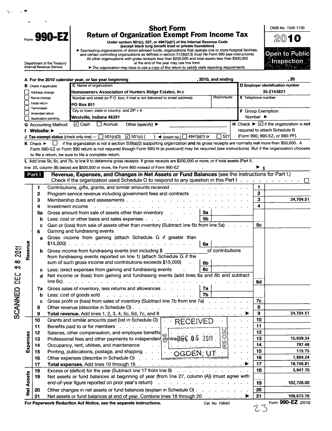 Image of first page of 2010 Form 990EO for Home Owners Association of Hunters Ridge Estates