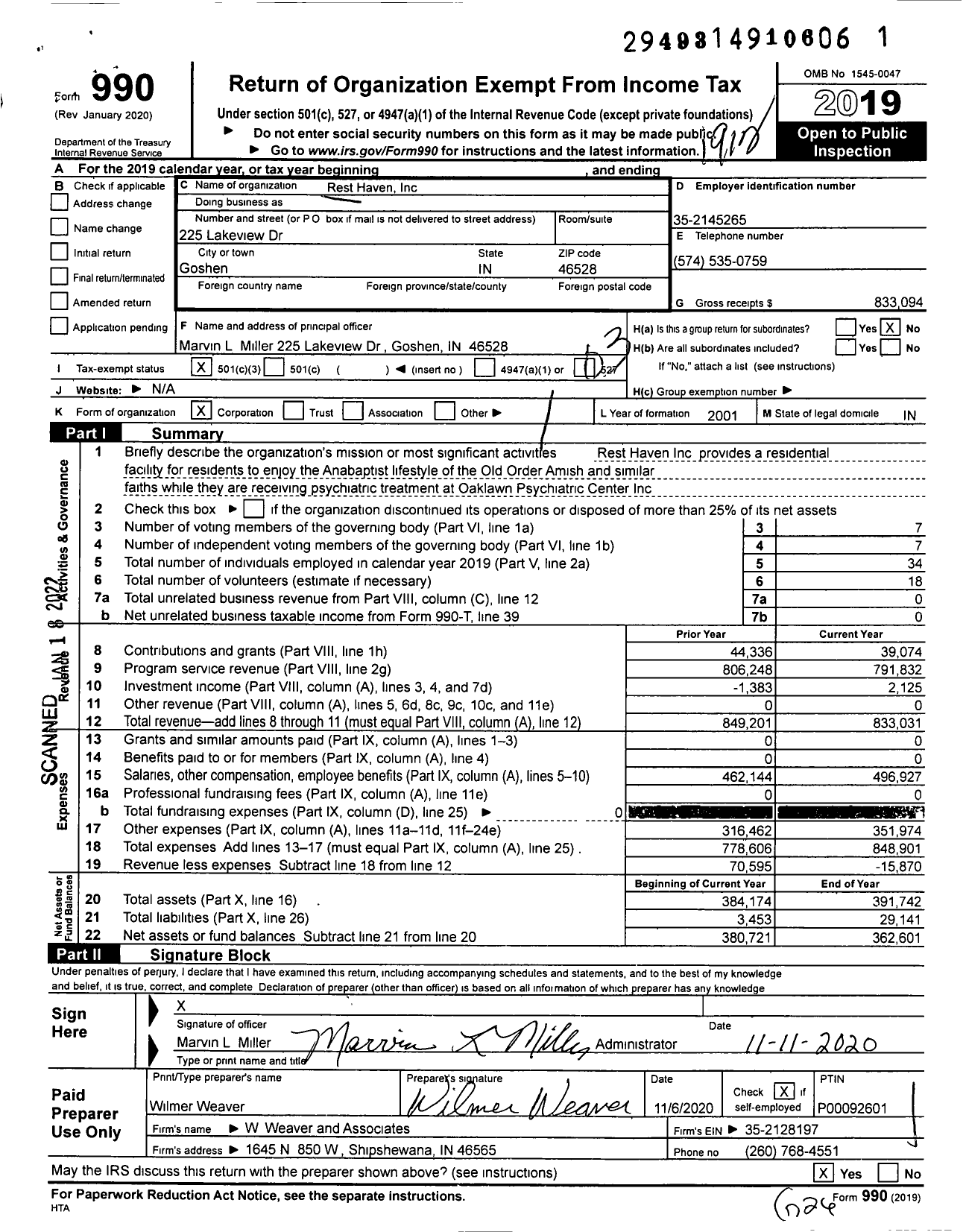 Image of first page of 2019 Form 990 for Rest Haven