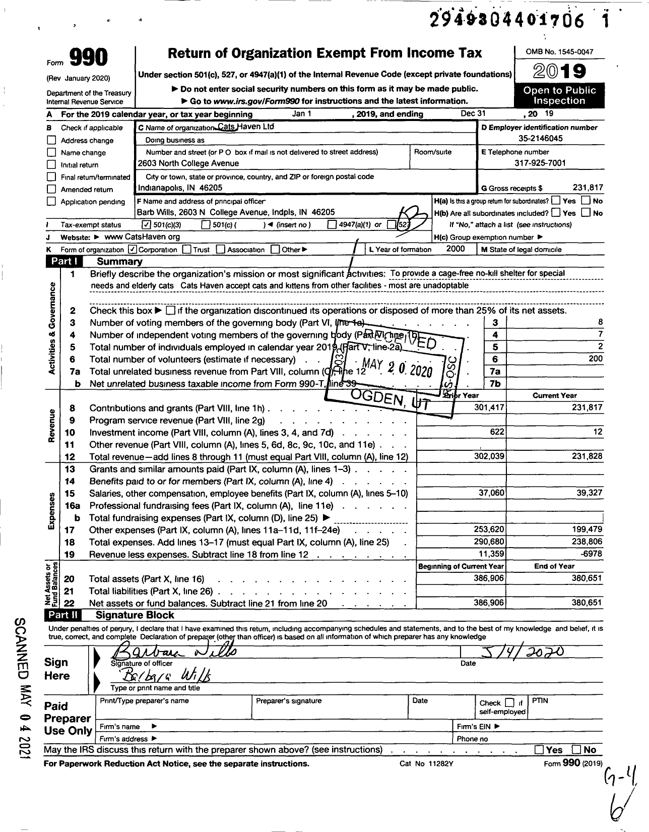 Image of first page of 2019 Form 990 for Cats Haven