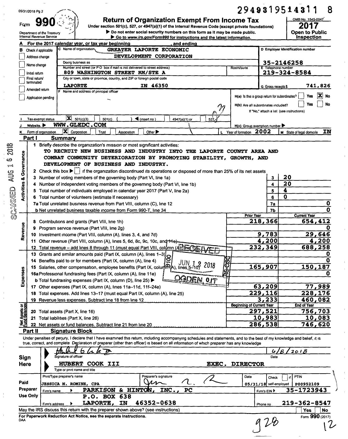Image of first page of 2017 Form 990 for Greater Laporte Economic Development Corporation