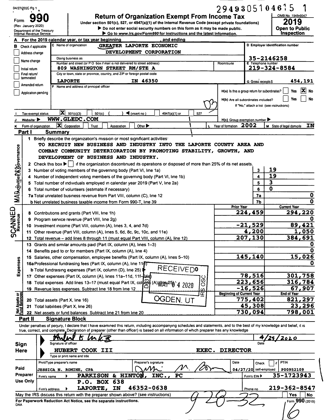 Image of first page of 2019 Form 990 for Greater Laporte Economic Development Corporation