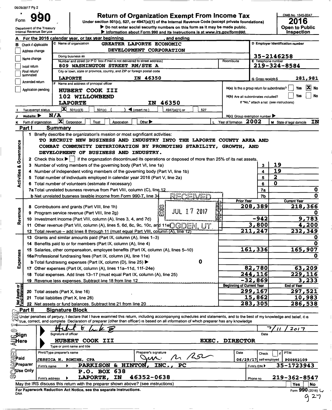 Image of first page of 2016 Form 990 for Greater Laporte Economic Development Corporation