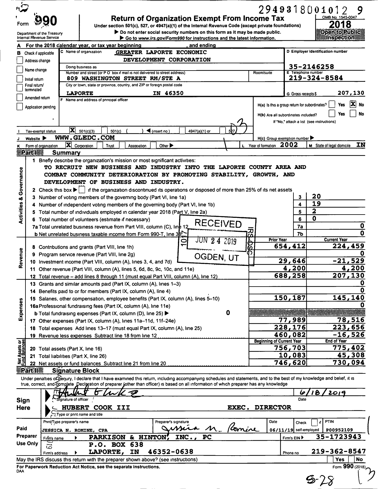 Image of first page of 2018 Form 990 for Greater Laporte Economic Development Corporation