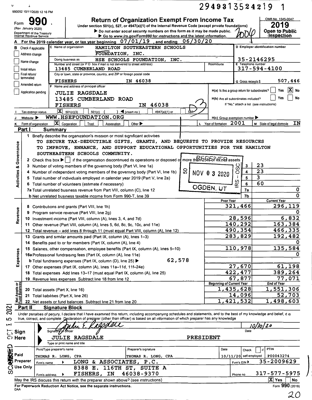 Image of first page of 2019 Form 990 for Hse Schools Foundation