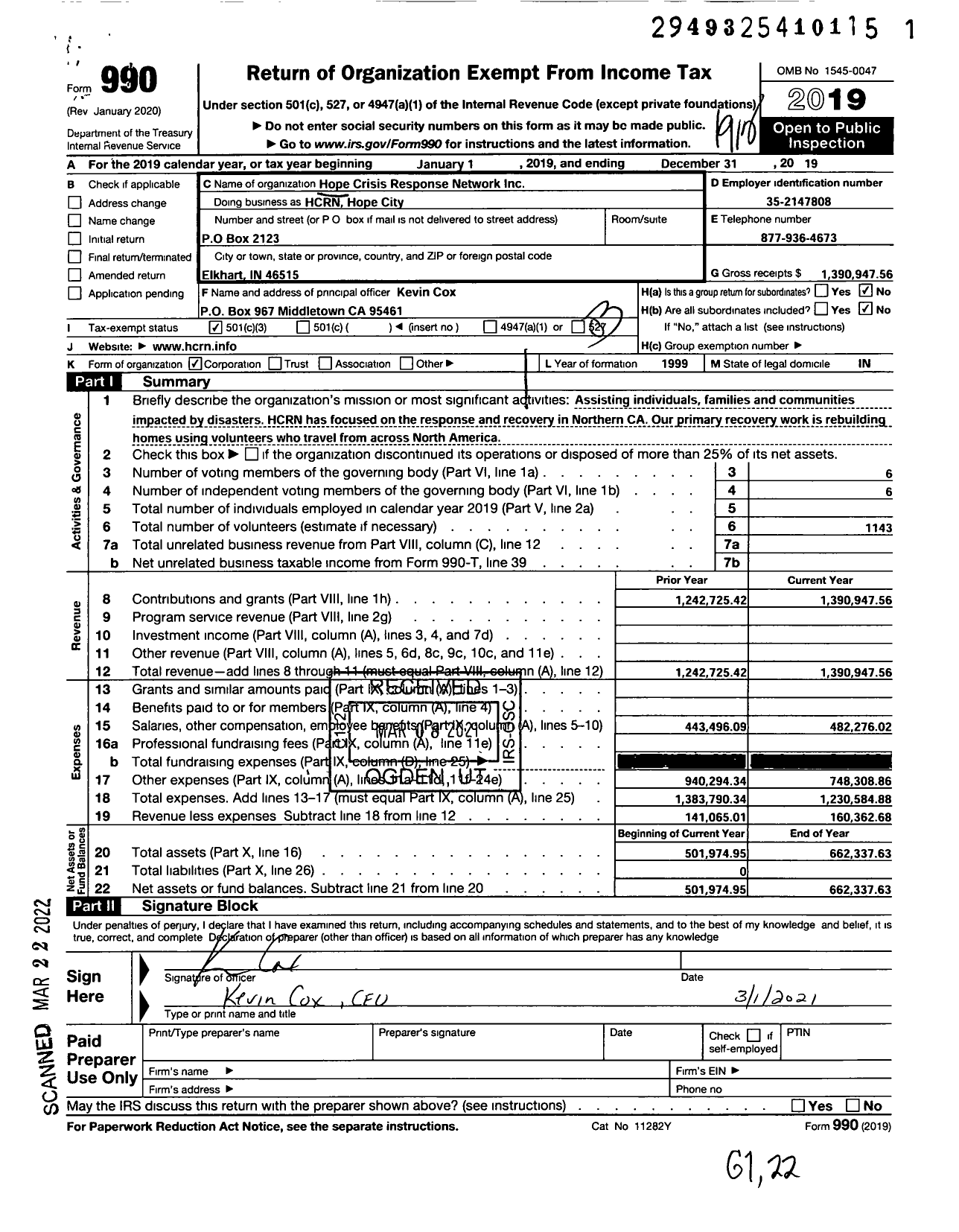 Image of first page of 2019 Form 990 for Hope City / Hope Crisis Response Network Inc- HCRN