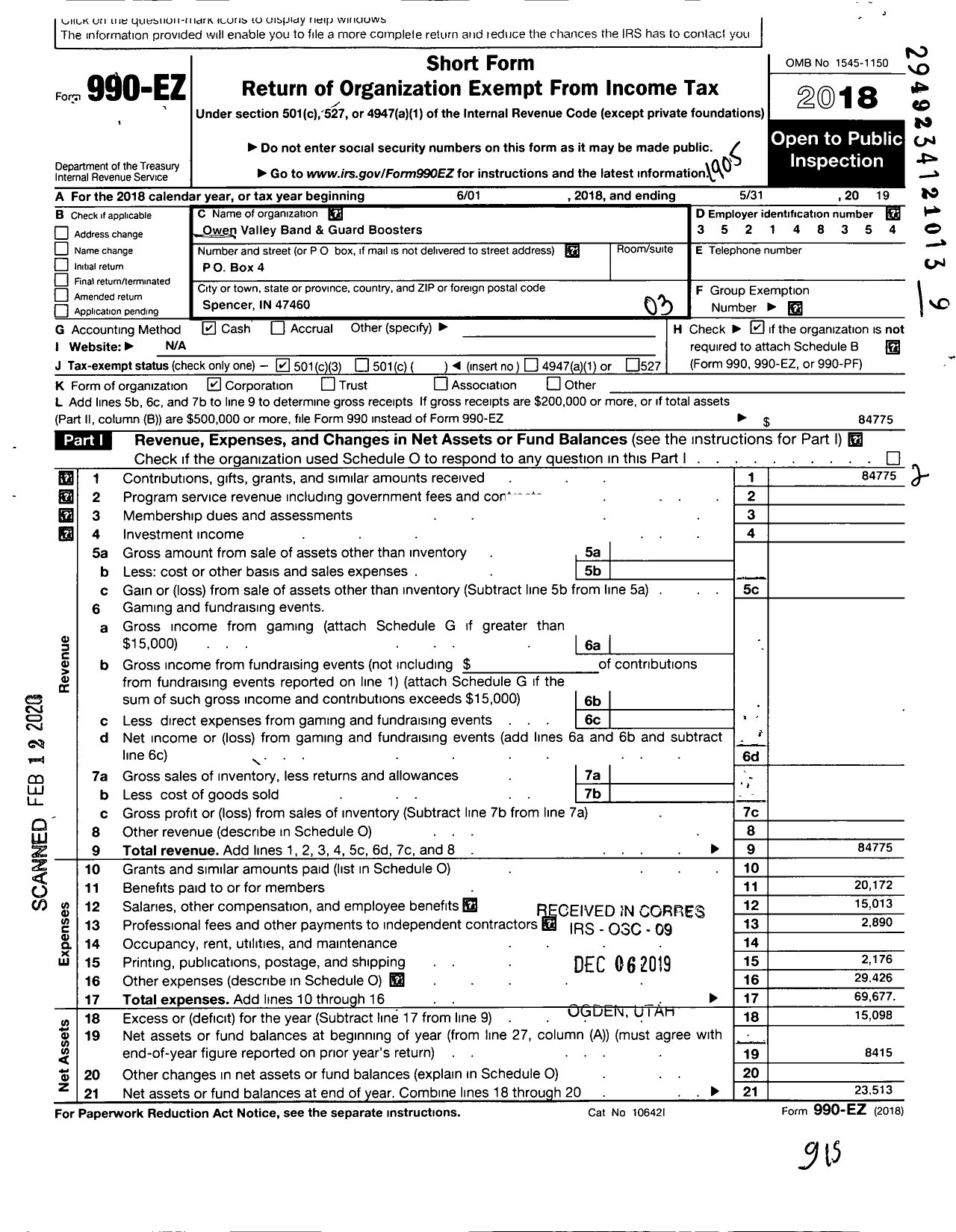 Image of first page of 2018 Form 990EZ for Owen Valley Band and Guard Boosters