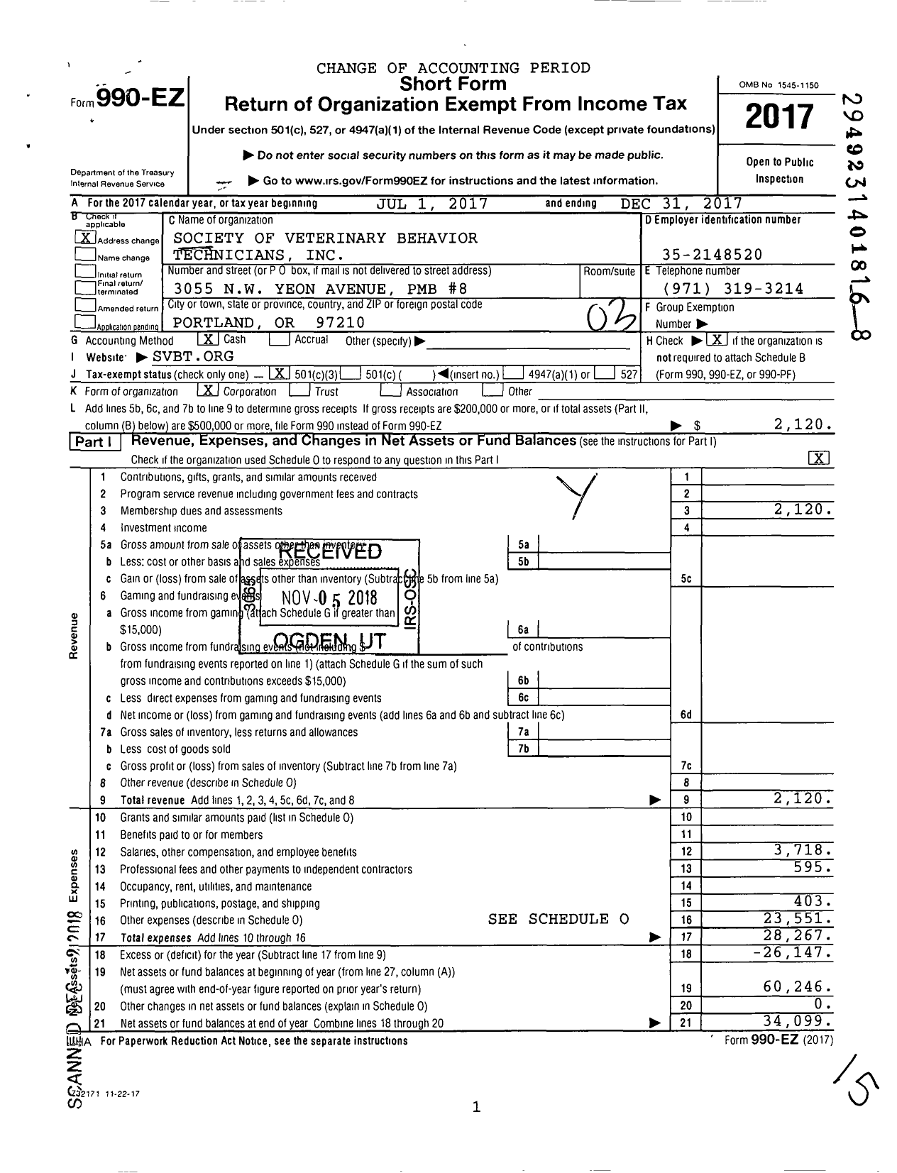 Image of first page of 2017 Form 990EZ for Society of Veterinary Behavior Technicians