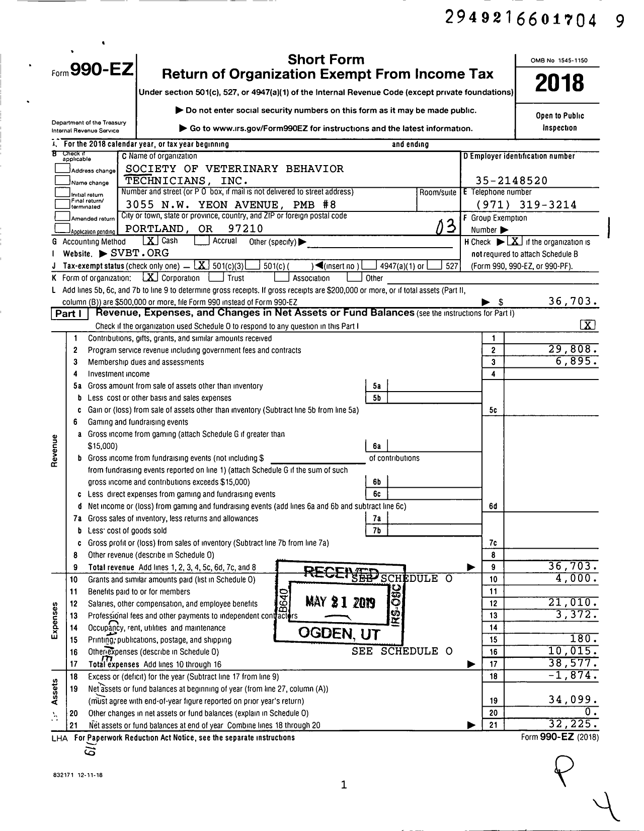 Image of first page of 2018 Form 990EZ for Society of Veterinary Behavior Technicians