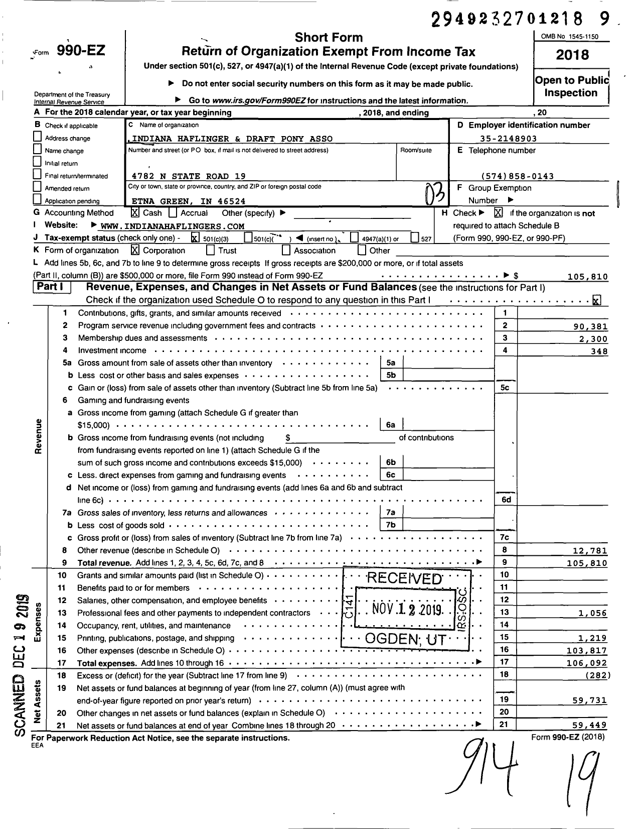 Image of first page of 2018 Form 990EZ for Indiana Haflinger and Draft Pony Association