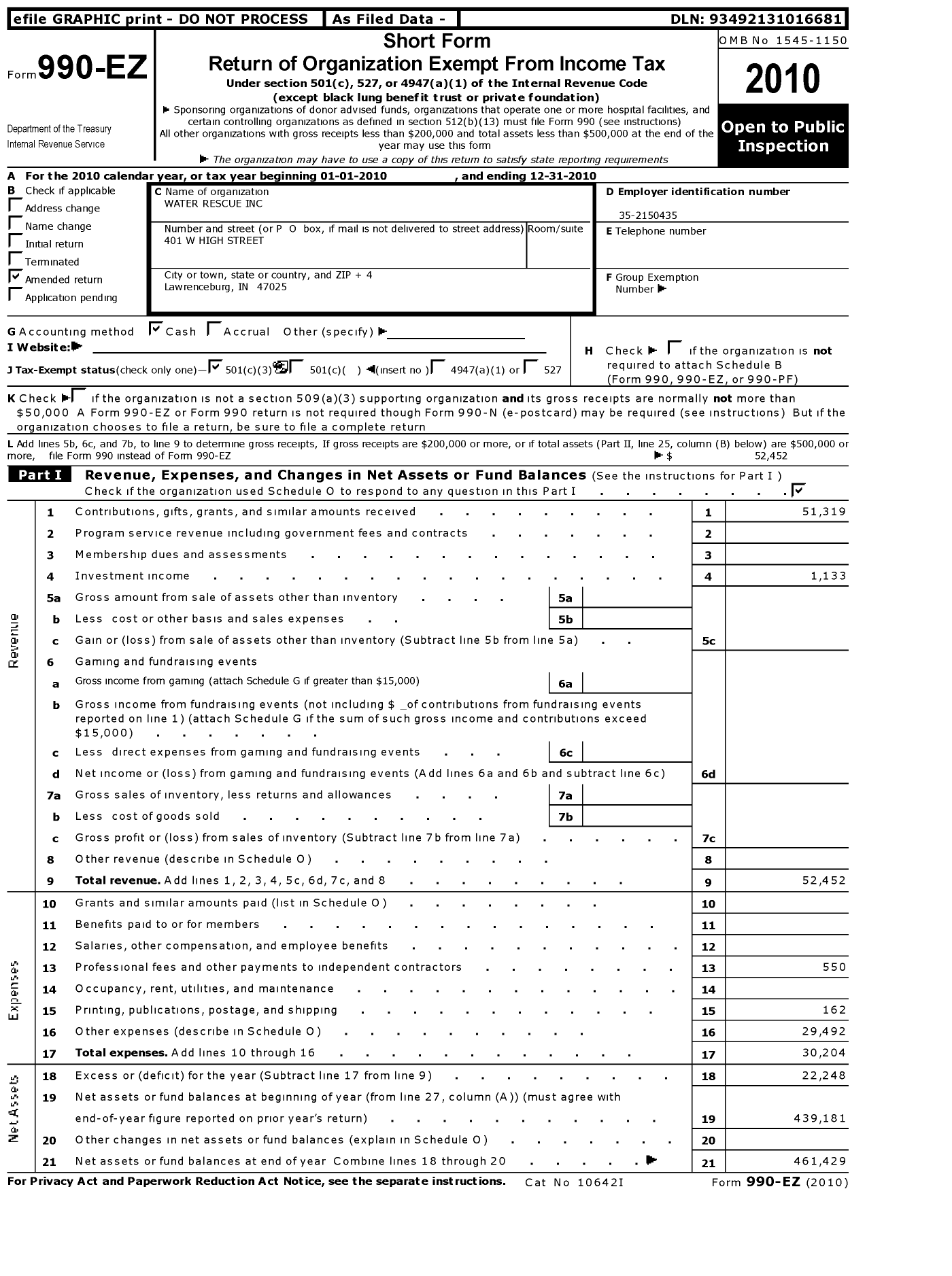 Image of first page of 2010 Form 990EZ for Water Rescue