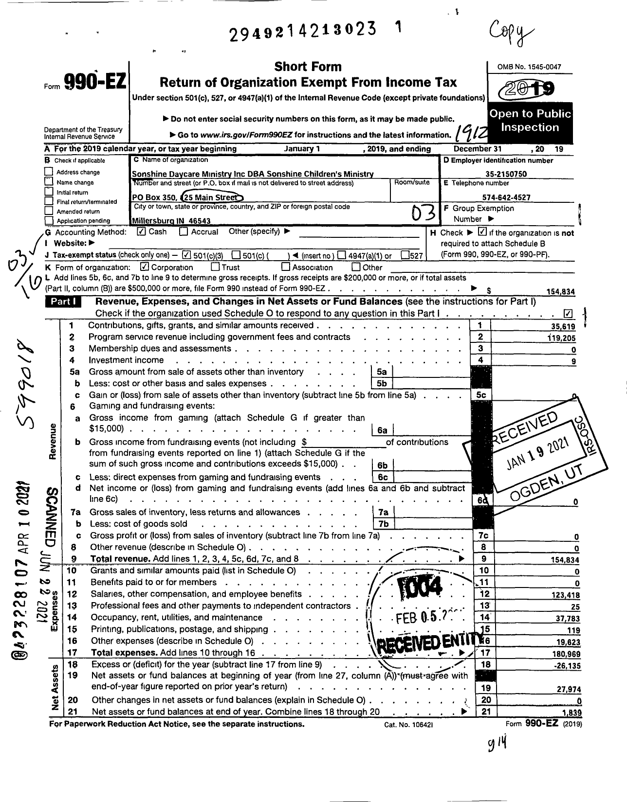 Image of first page of 2019 Form 990EZ for Sonshine Daycare Ministry