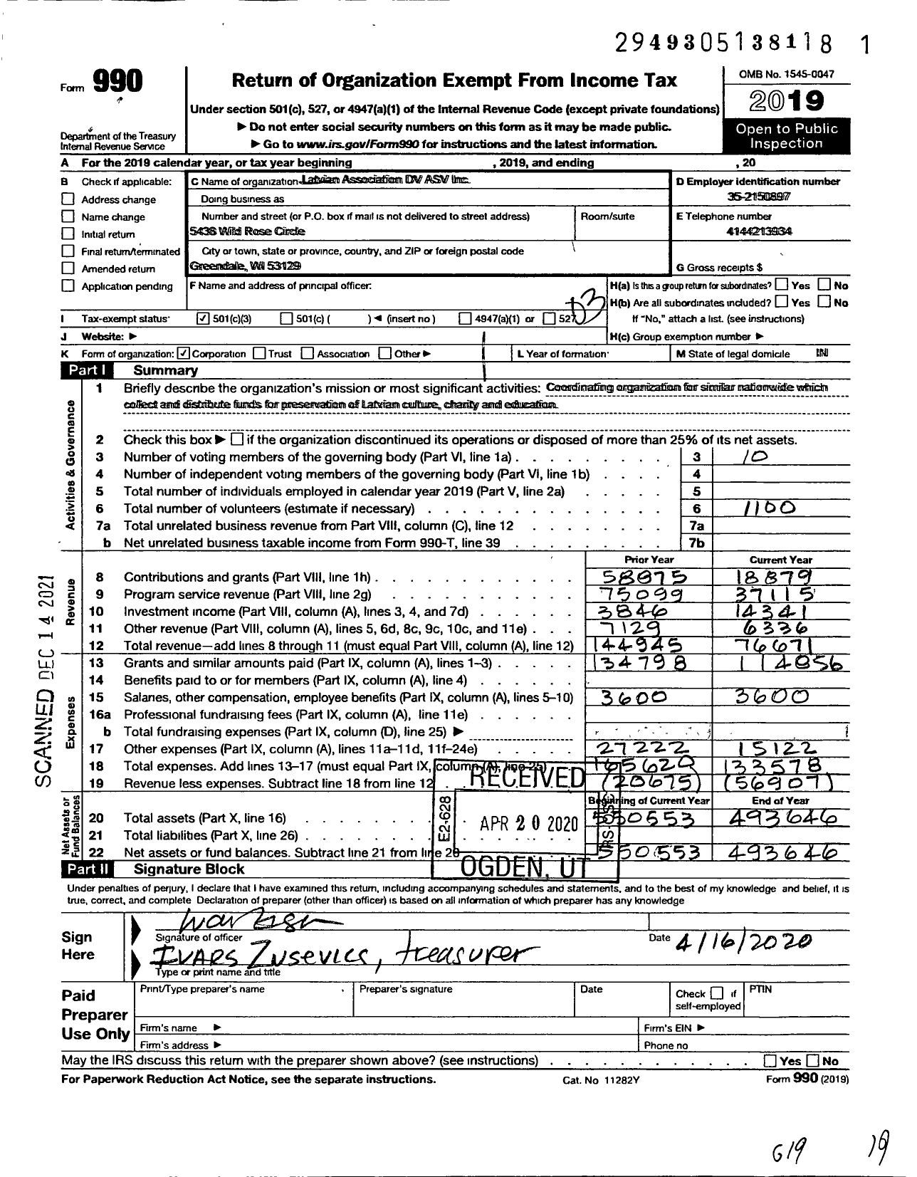 Image of first page of 2019 Form 990 for Latvian Association Daugavas Vanagi Asv