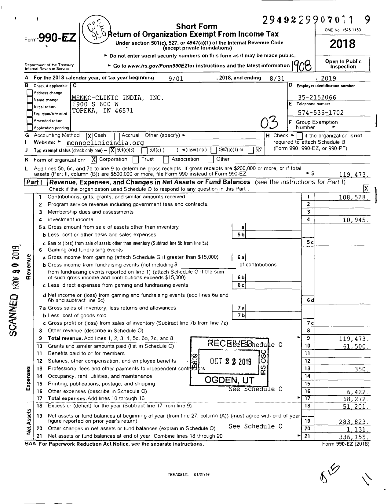 Image of first page of 2018 Form 990EZ for Menno-Clinic India