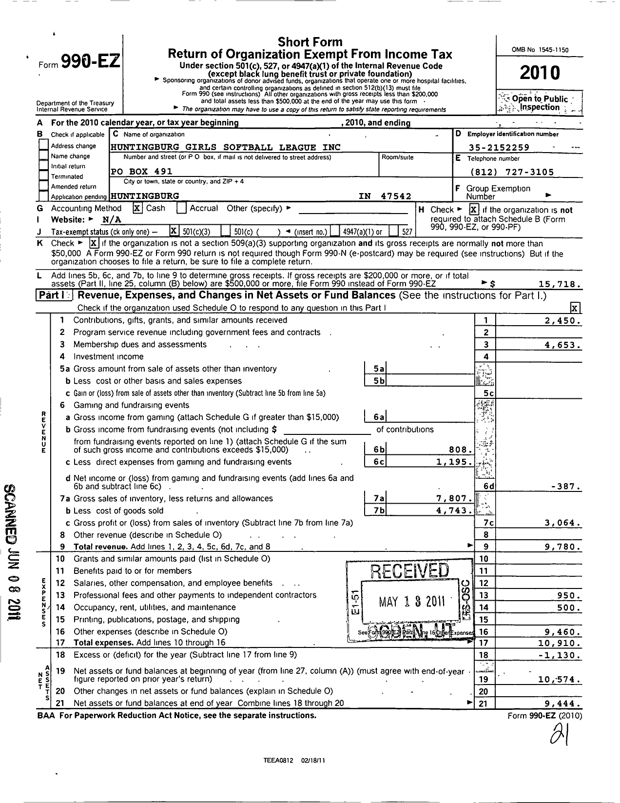 Image of first page of 2010 Form 990EZ for Huntingburg Girls Softball League