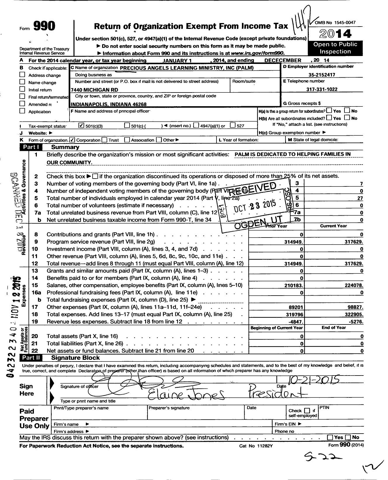 Image of first page of 2014 Form 990 for Precious Angels Learning Ministry