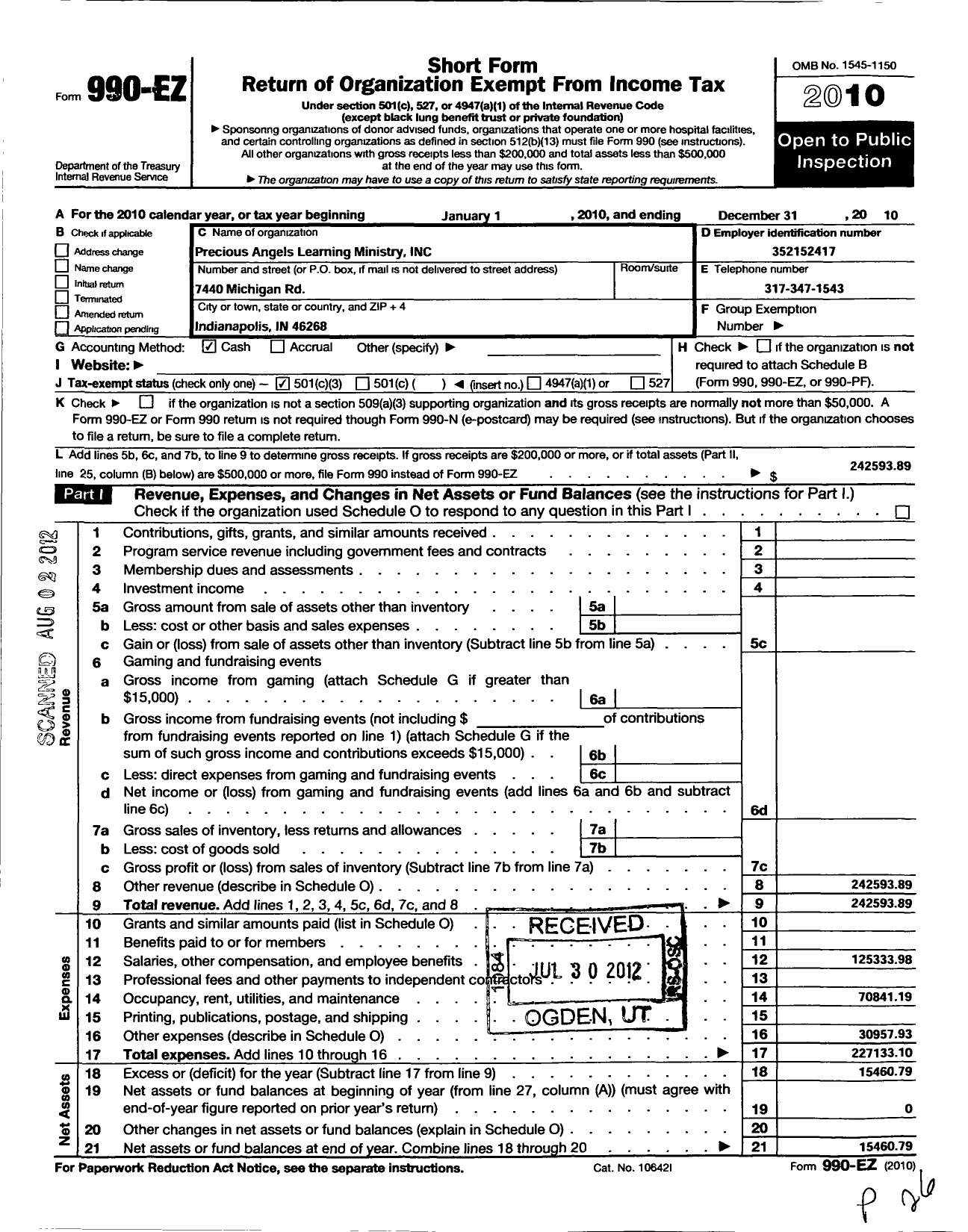 Image of first page of 2010 Form 990EZ for Precious Angels Learning Ministry