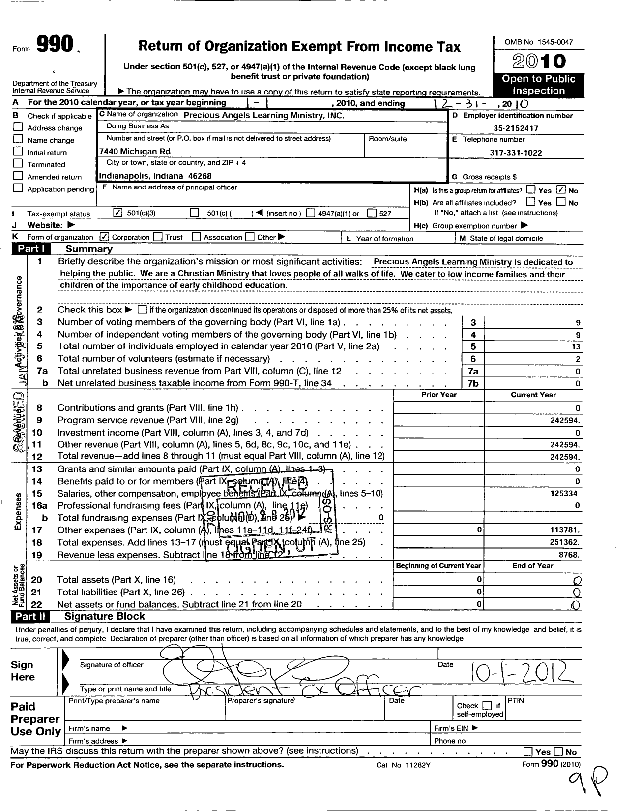 Image of first page of 2010 Form 990 for Precious Angels Learning Ministry