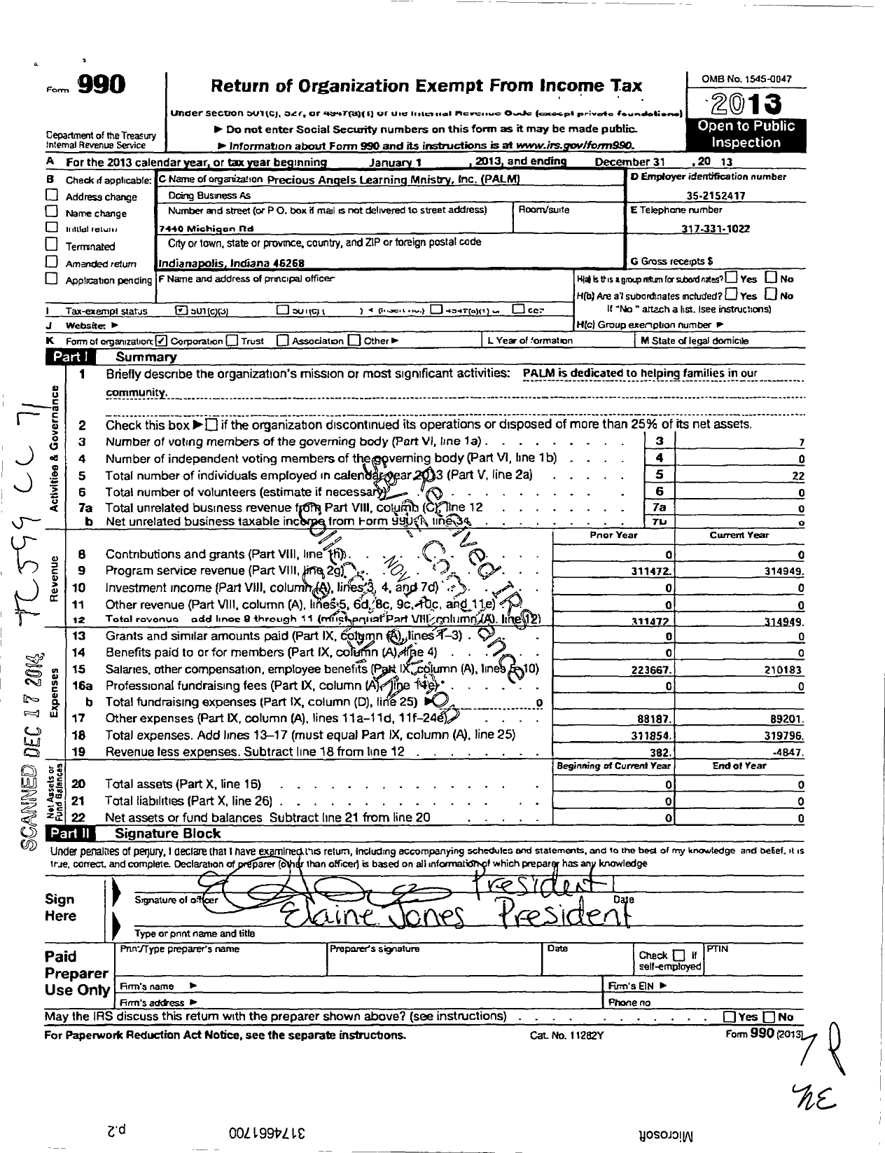 Image of first page of 2013 Form 990 for Precious Angels Learning Ministry