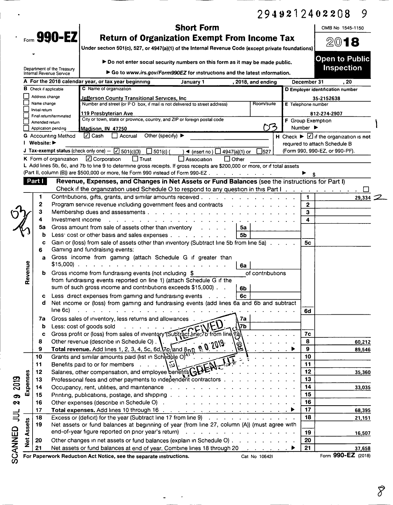 Image of first page of 2018 Form 990EZ for Jefferson County Transitional Services