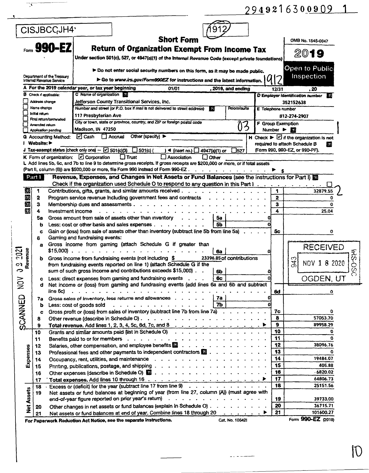 Image of first page of 2019 Form 990EZ for Jefferson County Transitional Services