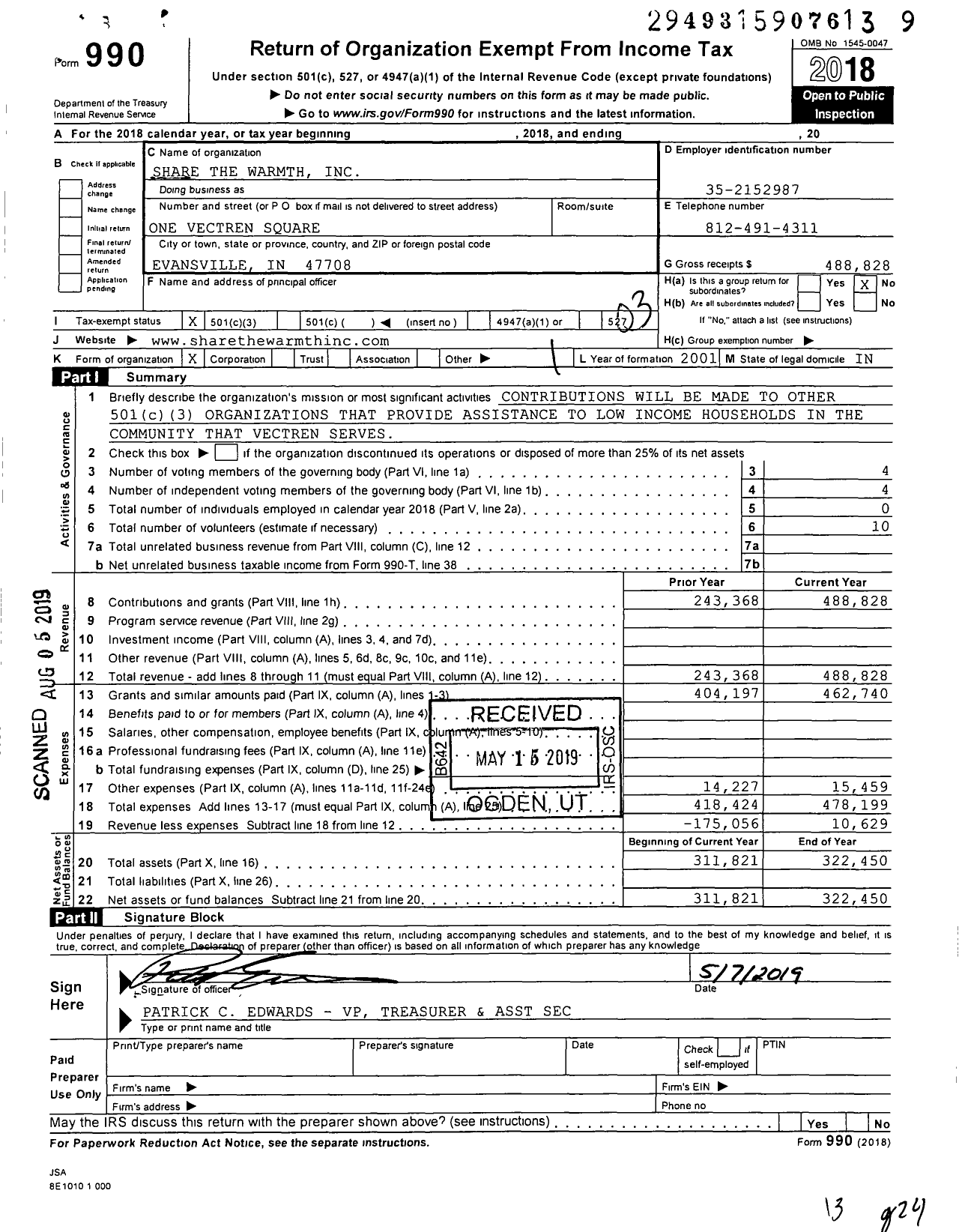 Image of first page of 2018 Form 990 for Share the Warmth