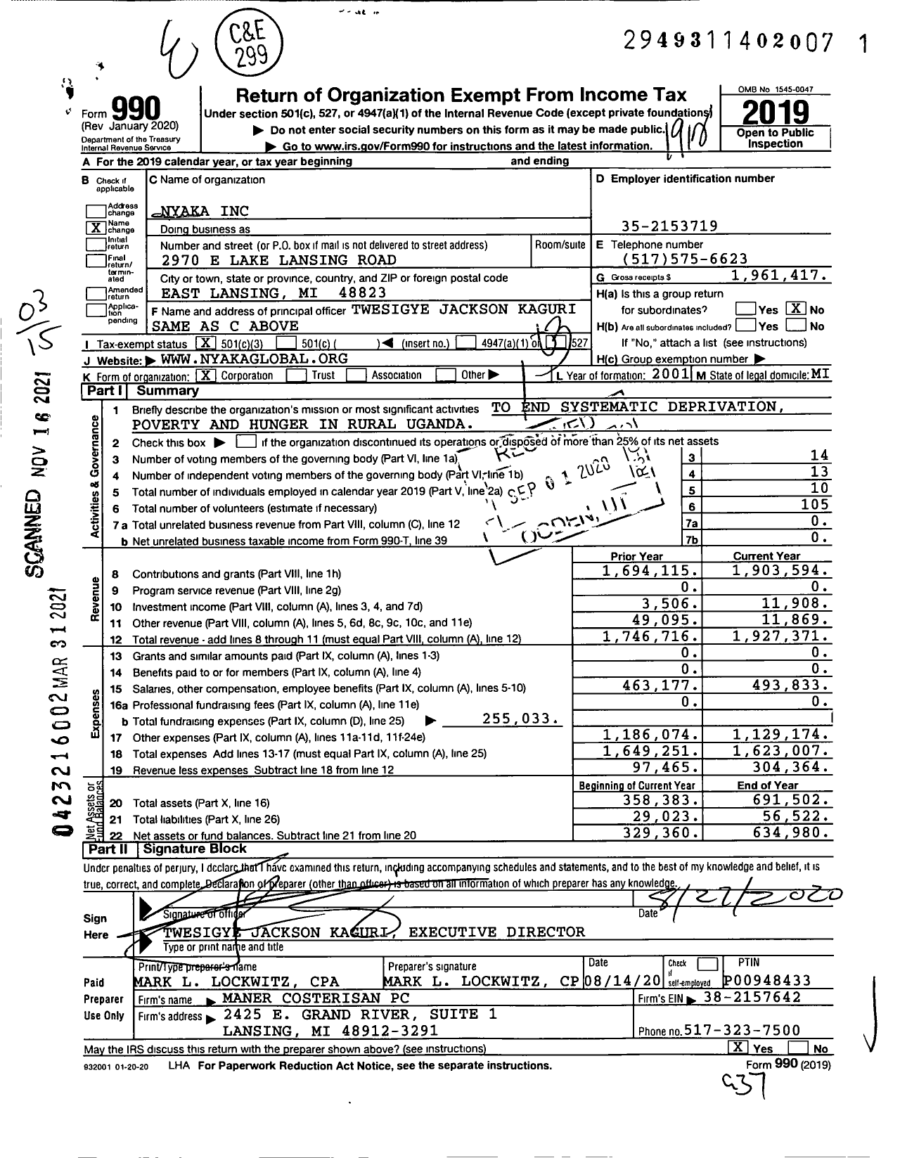 Image of first page of 2019 Form 990 for Nyaka