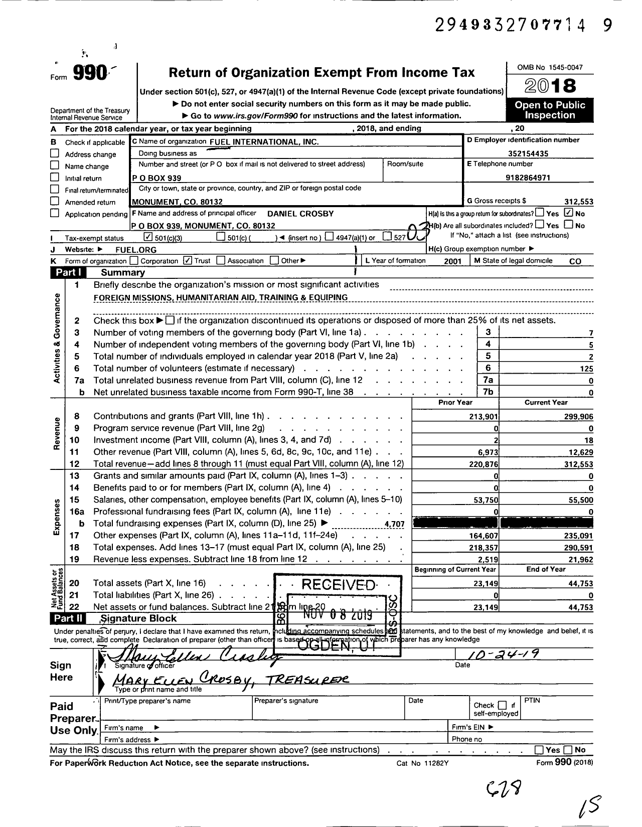 Image of first page of 2018 Form 990 for Fuel International