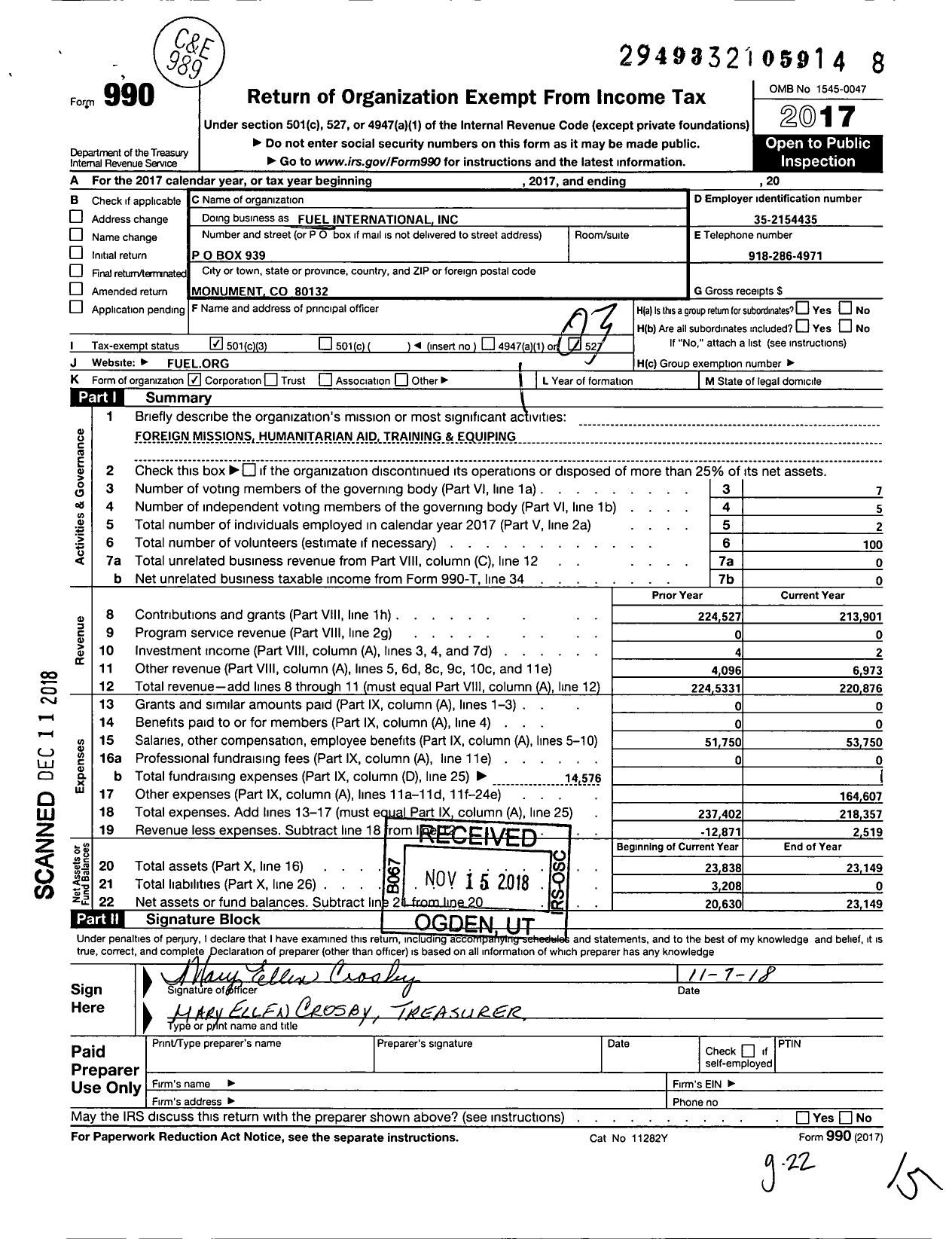 Image of first page of 2017 Form 990 for Fuel International