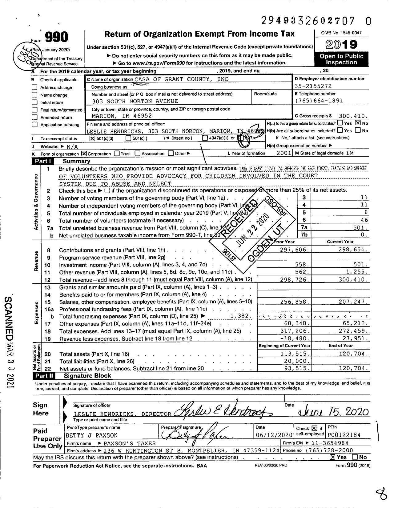 Image of first page of 2019 Form 990 for Casa of Grant County