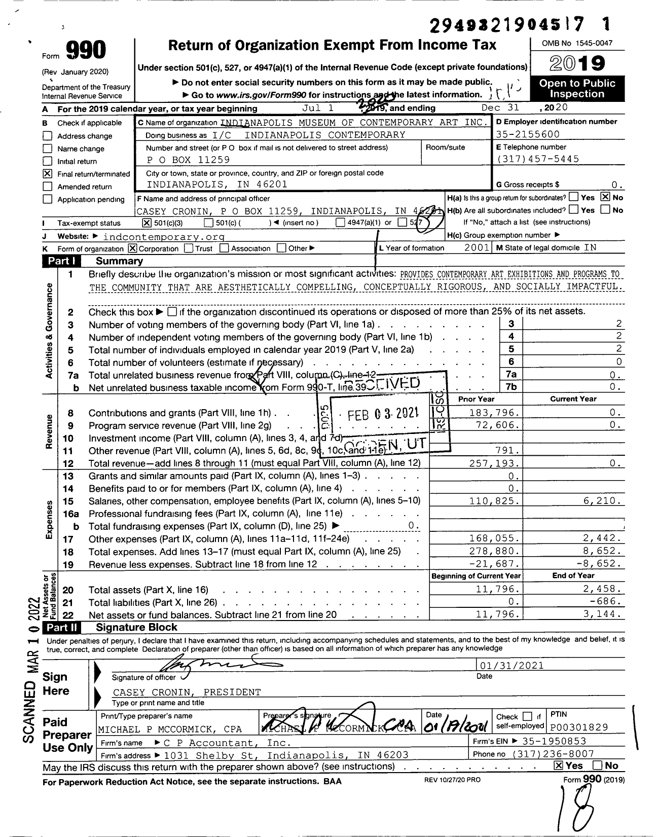 Image of first page of 2020 Form 990 for Ic Indianapolis Contemporary