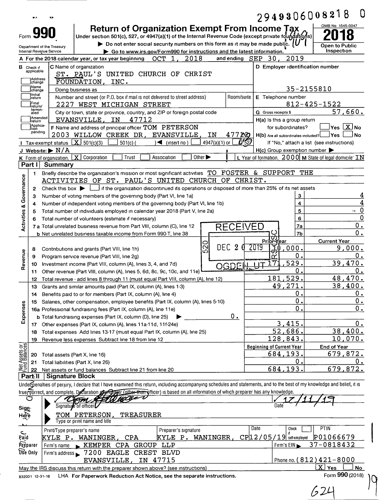 Image of first page of 2018 Form 990 for St Paul's United Church of Christ Foundation