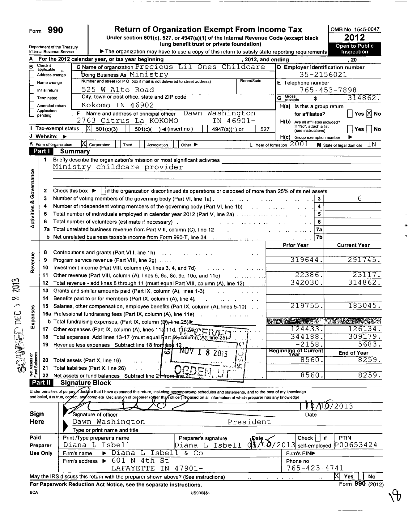 Image of first page of 2012 Form 990 for Precious Lil Ones Childcare Ministry