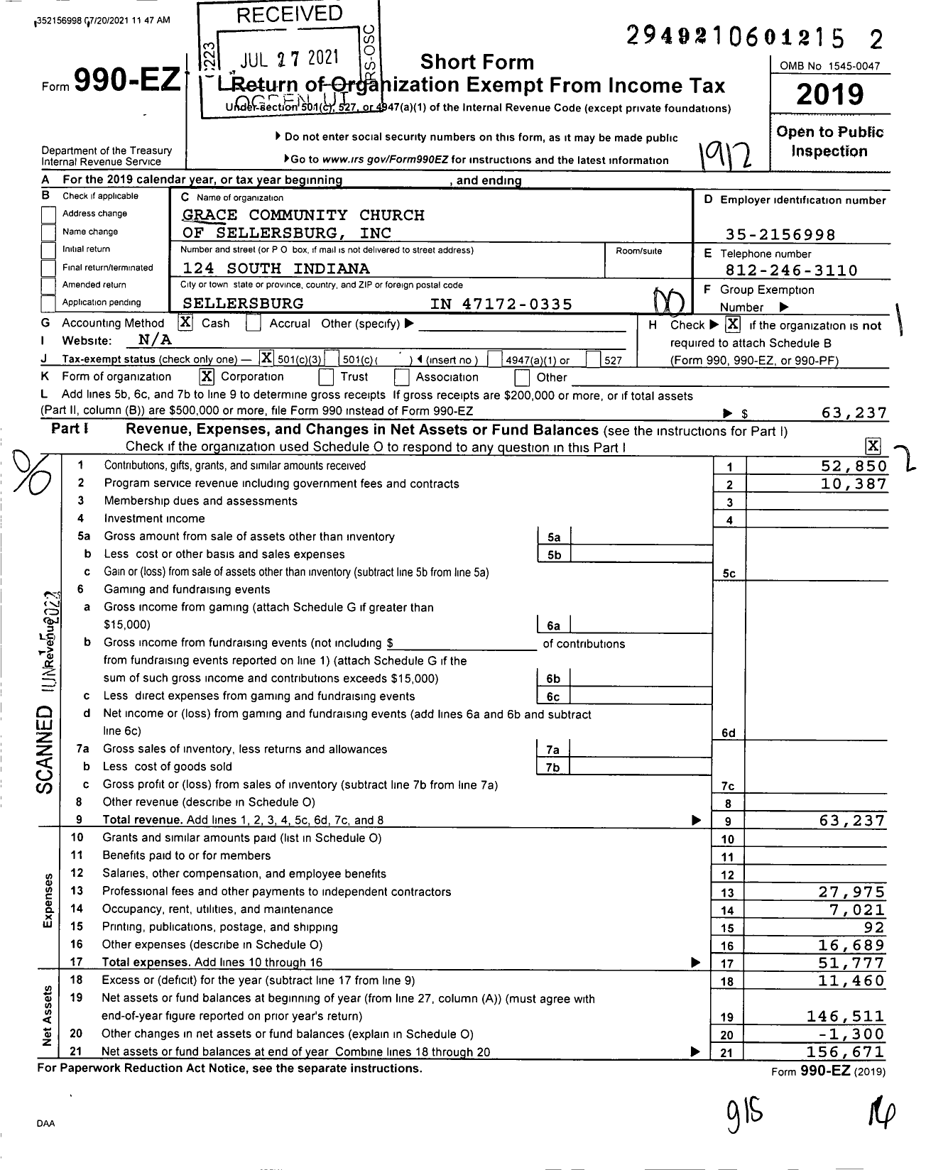 Image of first page of 2019 Form 990EO for Grace Community Church of Sellersburg