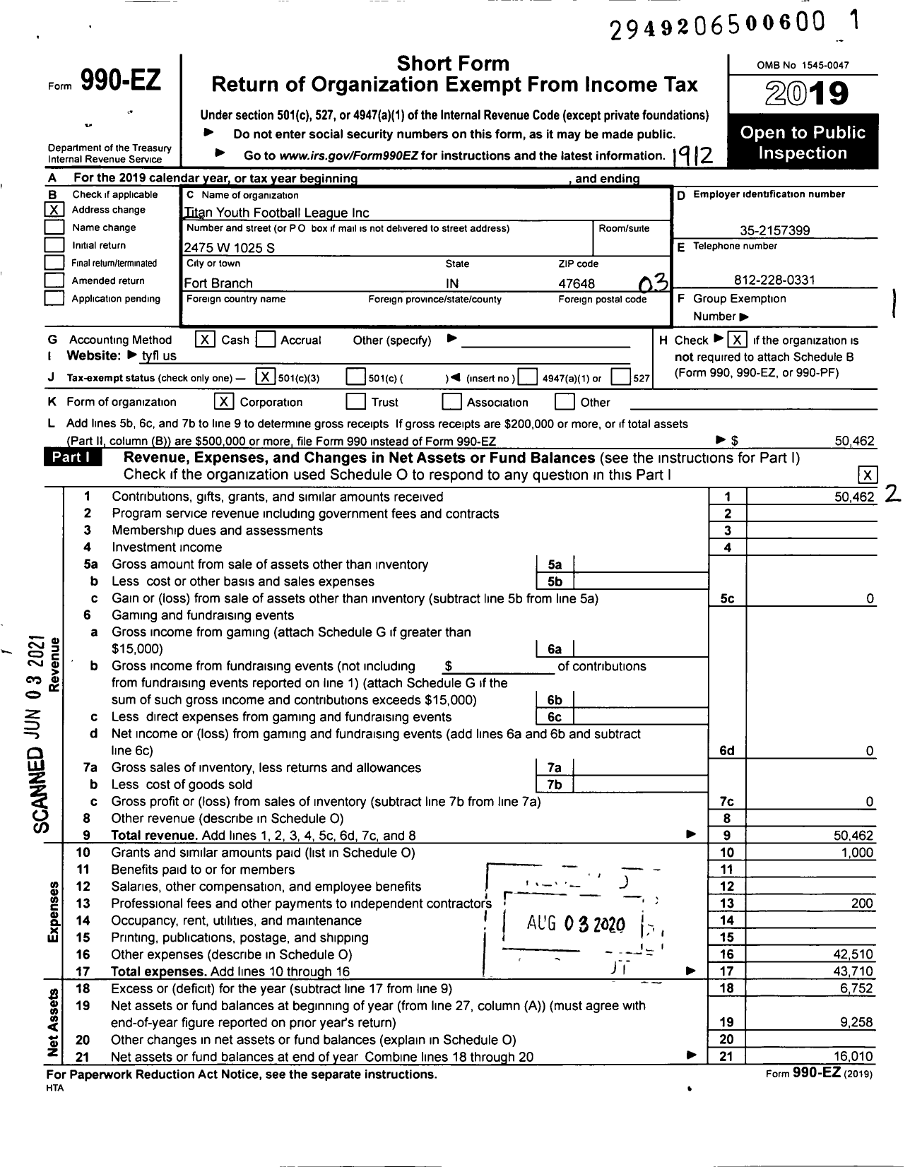 Image of first page of 2019 Form 990EZ for Titan Youth Football League