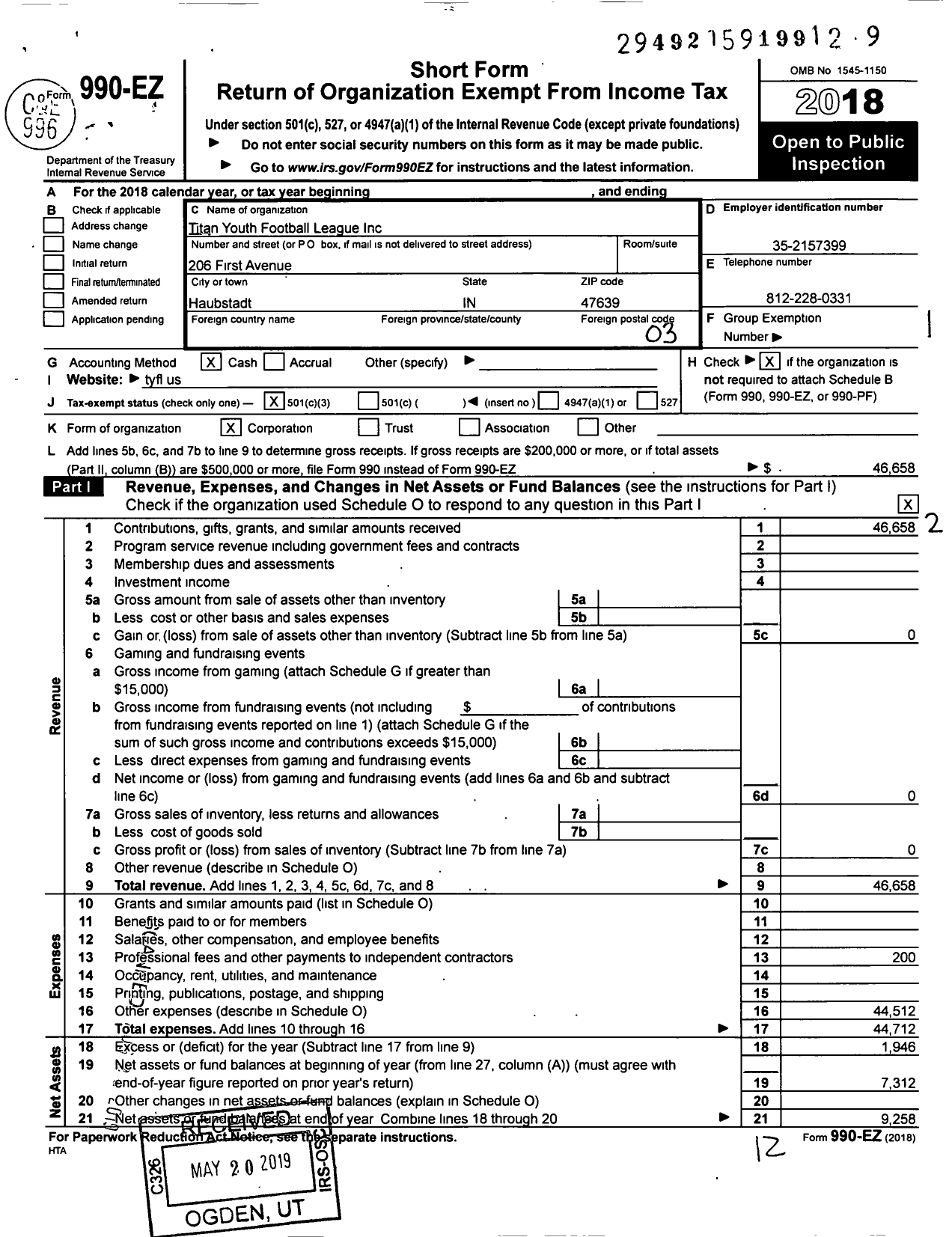 Image of first page of 2018 Form 990EZ for Titan Youth Football League