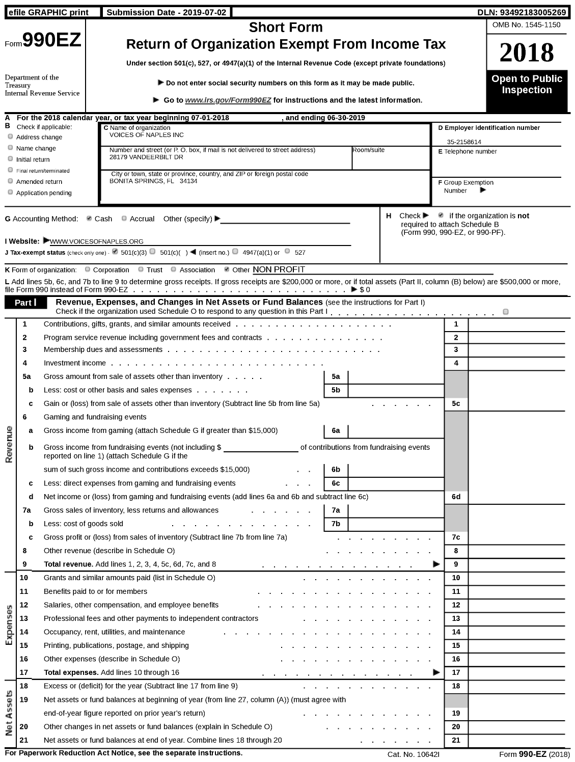 Image of first page of 2018 Form 990EZ for Voices of Naples