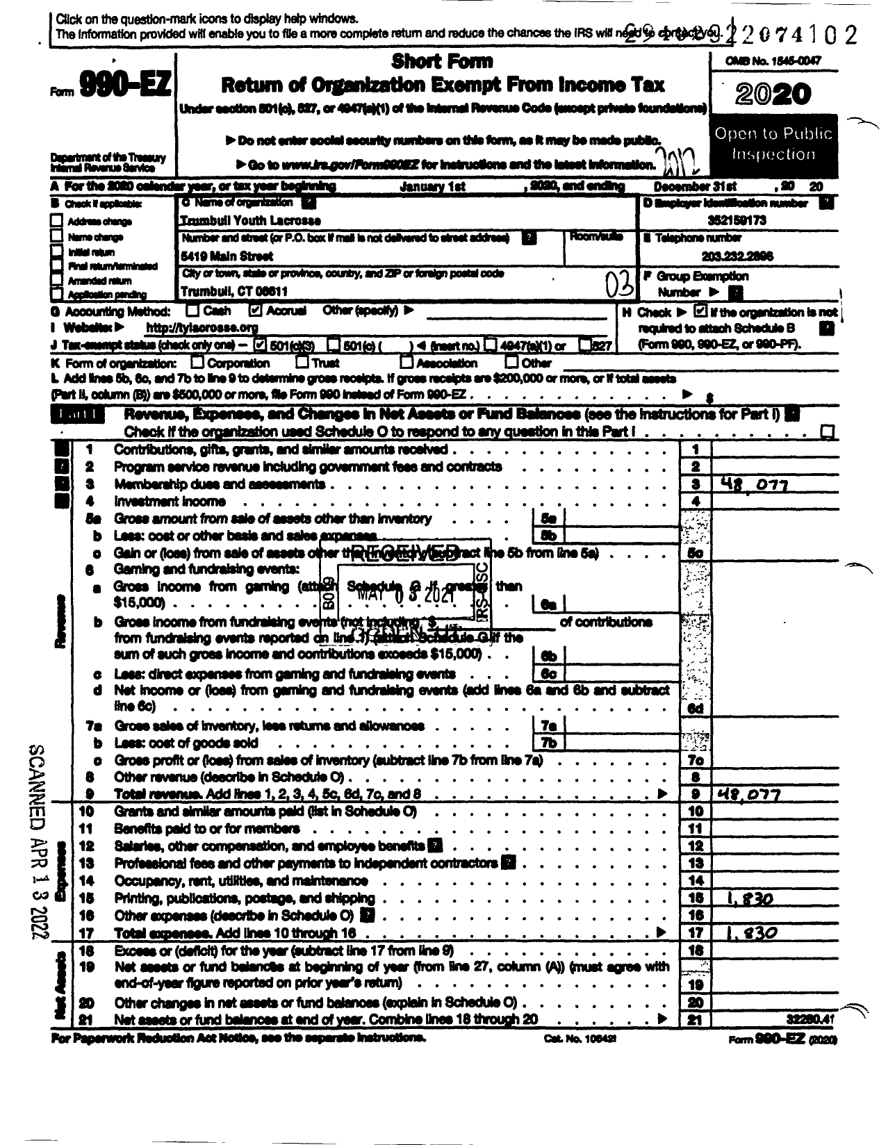 Image of first page of 2020 Form 990EZ for Trumbull Youth Lacrosse