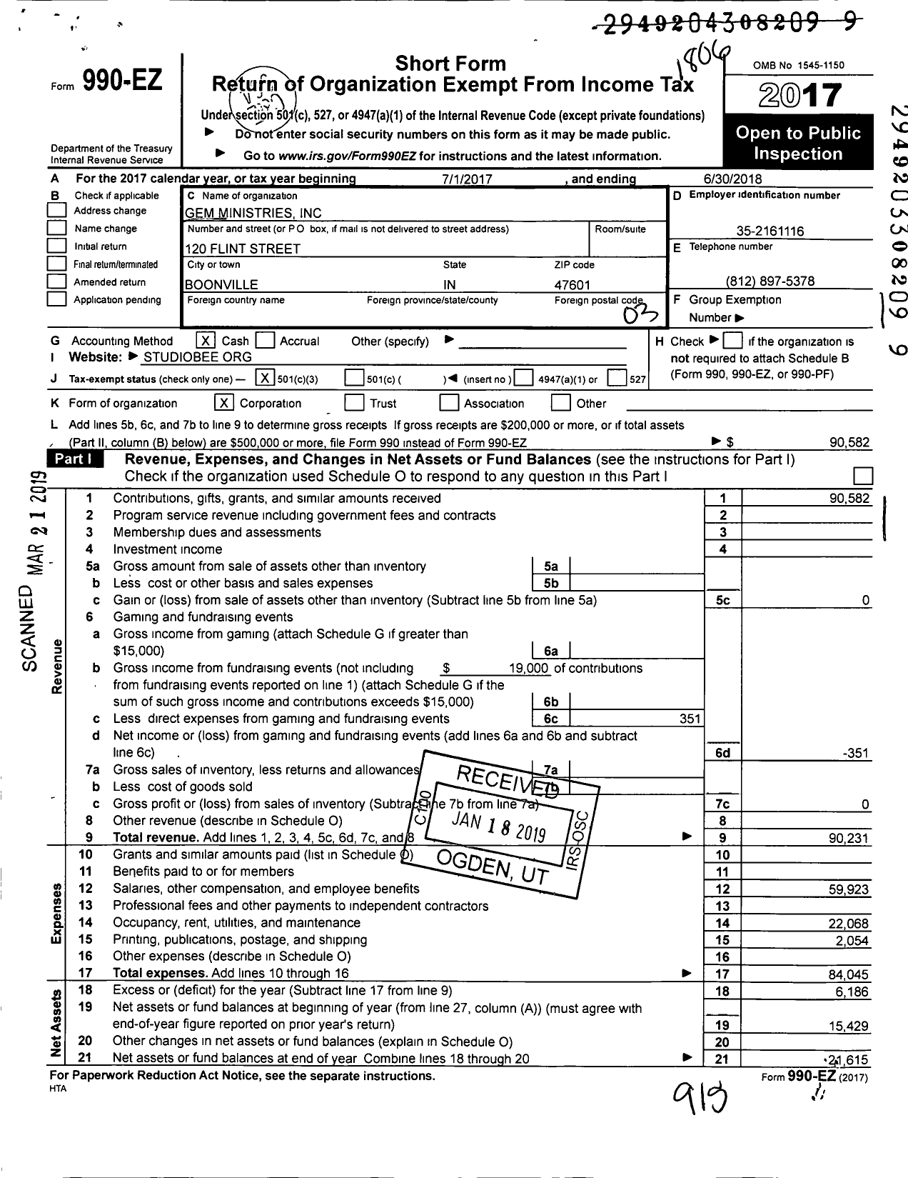 Image of first page of 2017 Form 990EZ for Gem Ministries