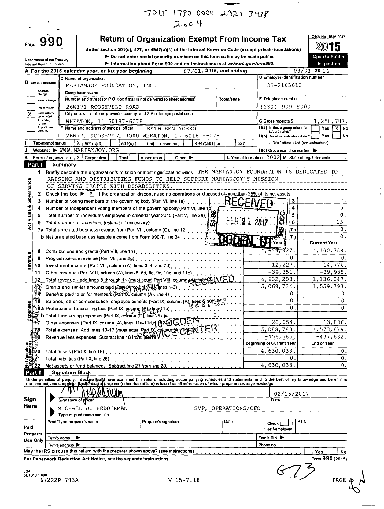Image of first page of 2015 Form 990 for Marianjoy Foundation