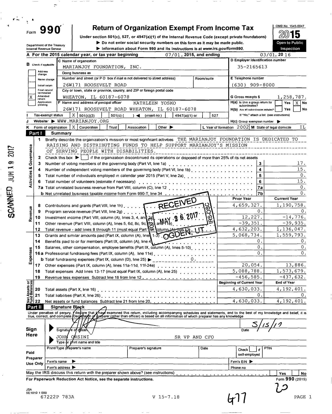 Image of first page of 2015 Form 990 for Marianjoy Foundation